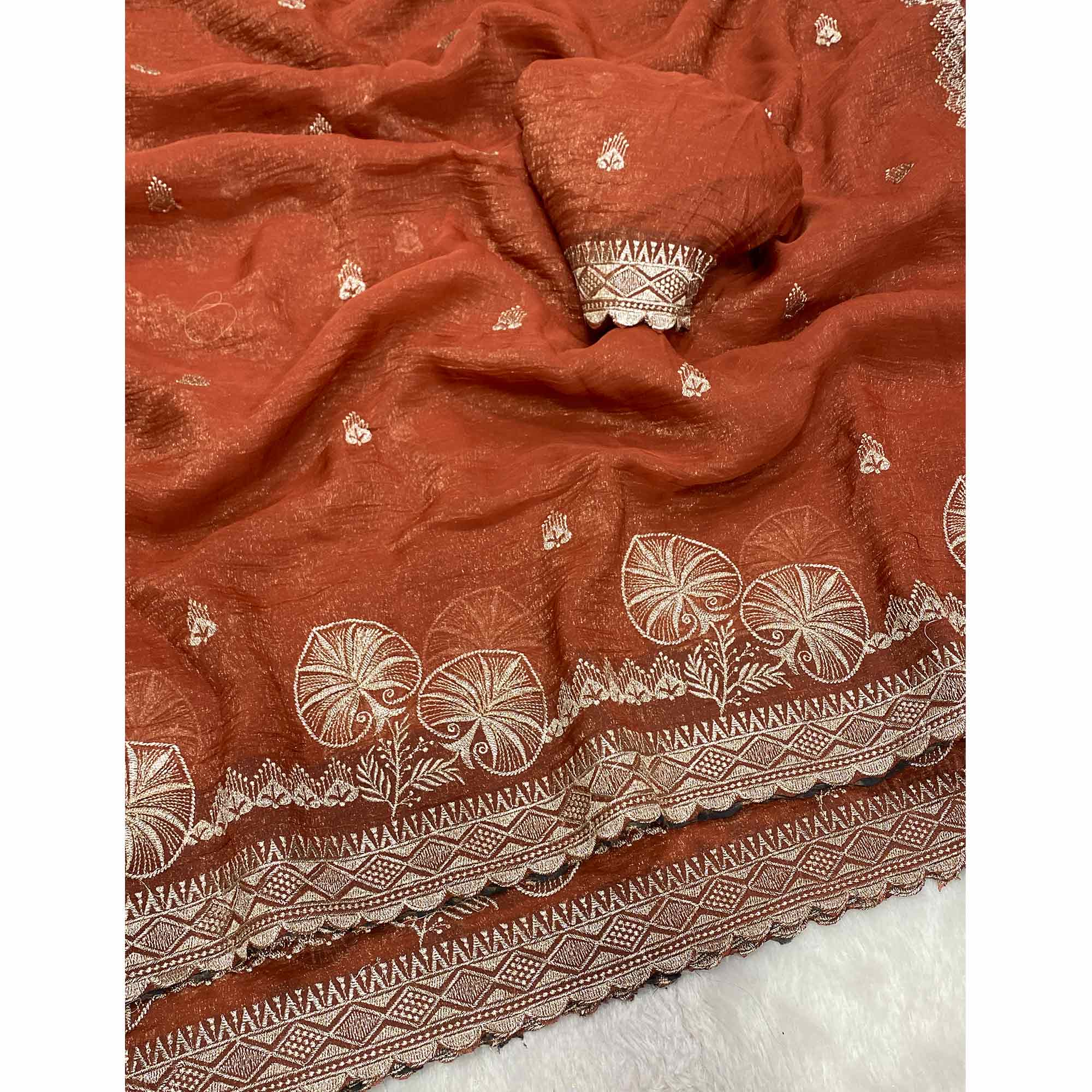 Rust Thread Work Chiffon Silk Saree Premium Crunchy Texture Festive Wear