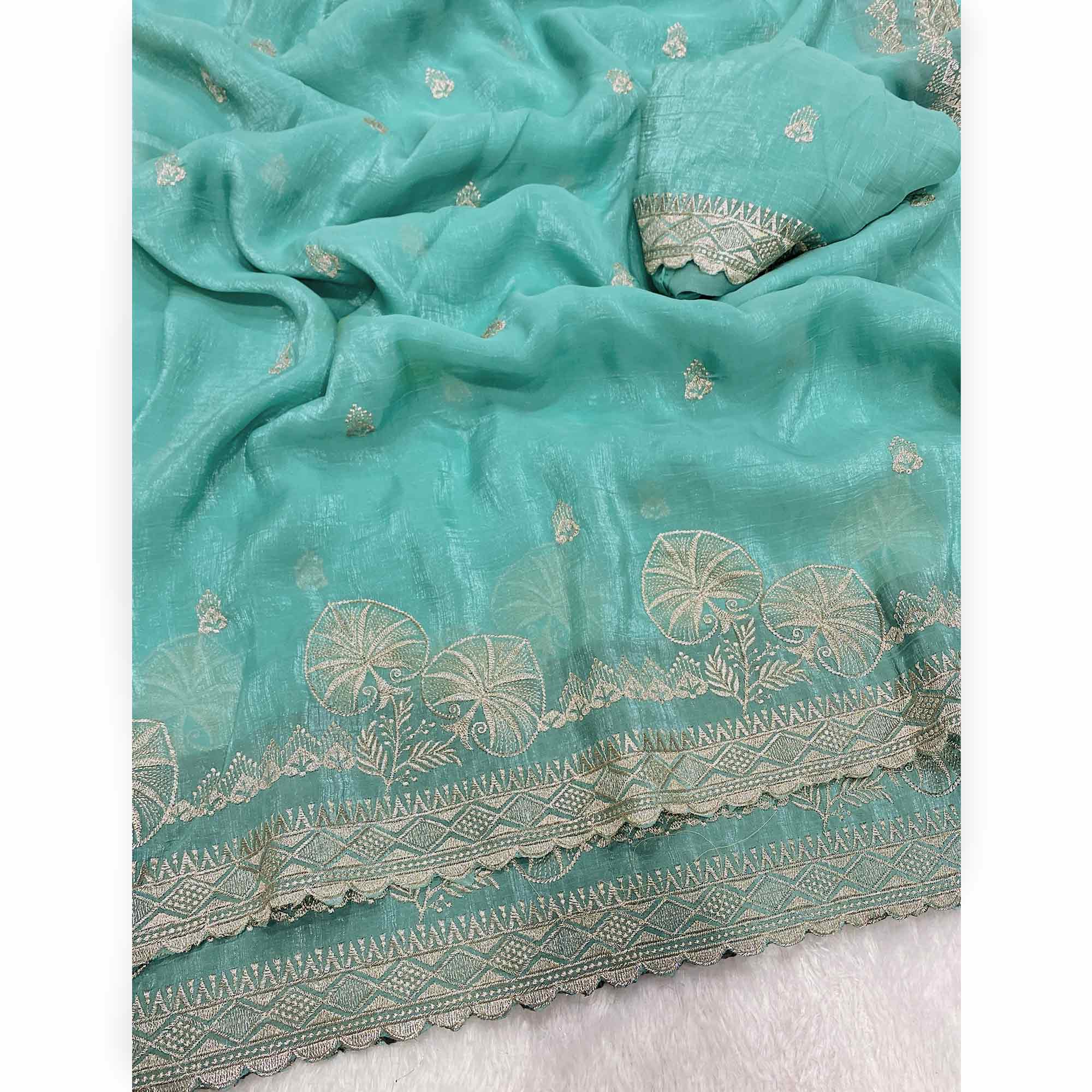 Turquoise Thread Work Chiffon Silk Saree Premium Crunchy Texture Festive Wear