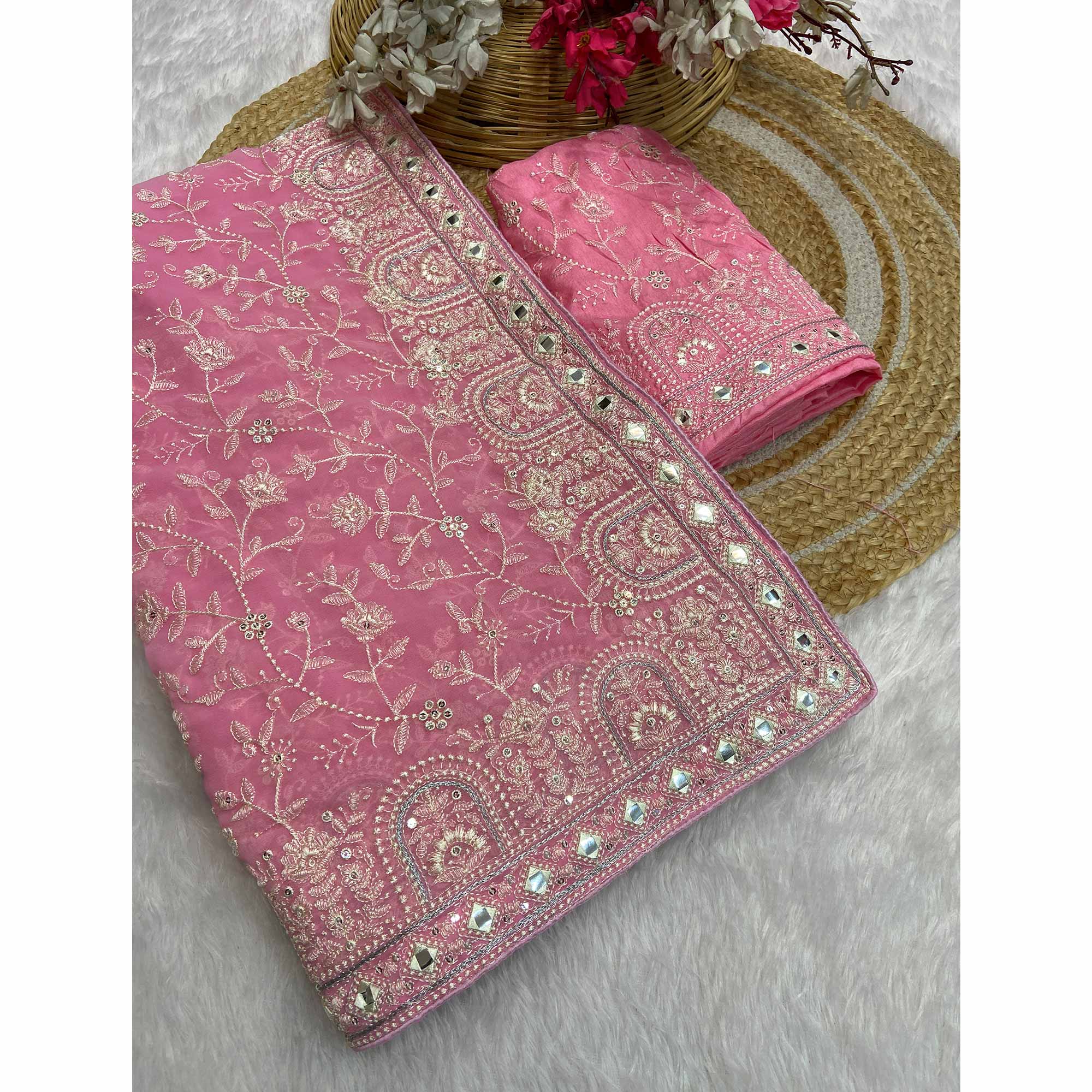 Baby Pink Floral Embroidered Georgette Saree With Sequin Highlights