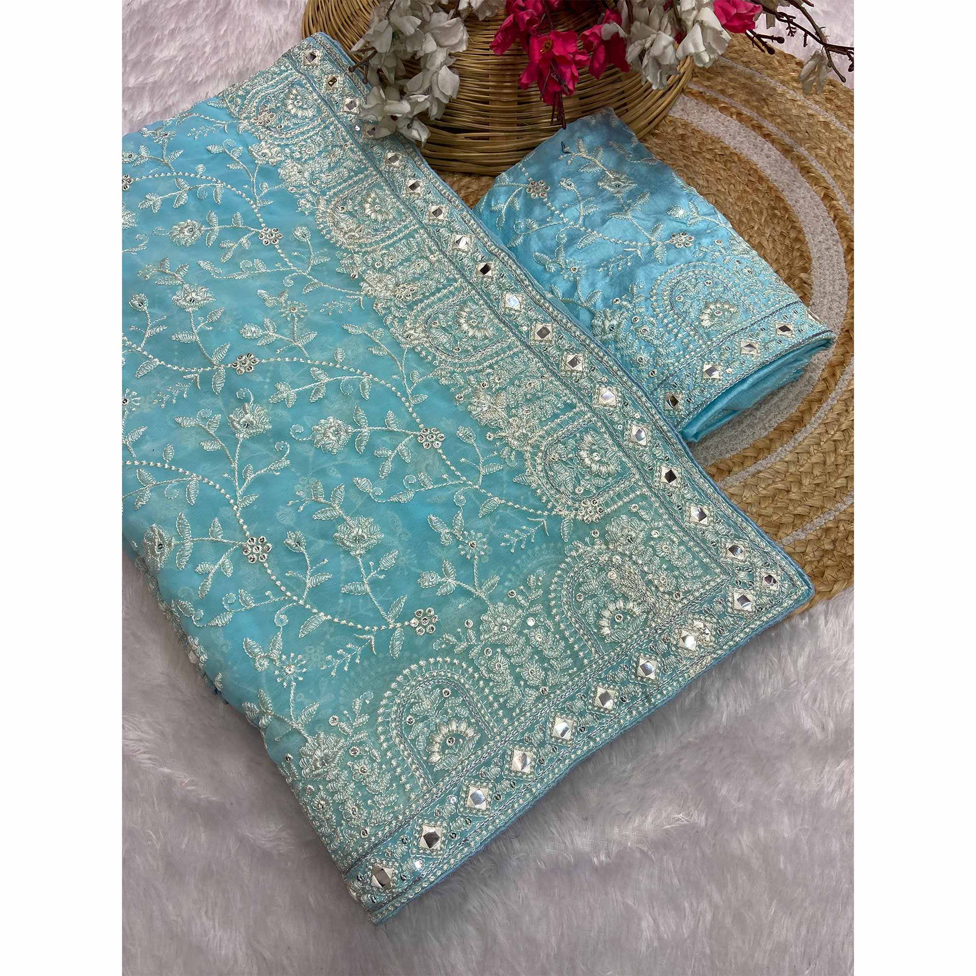 Blue Floral Embroidered Georgette Saree With Sequin Highlights