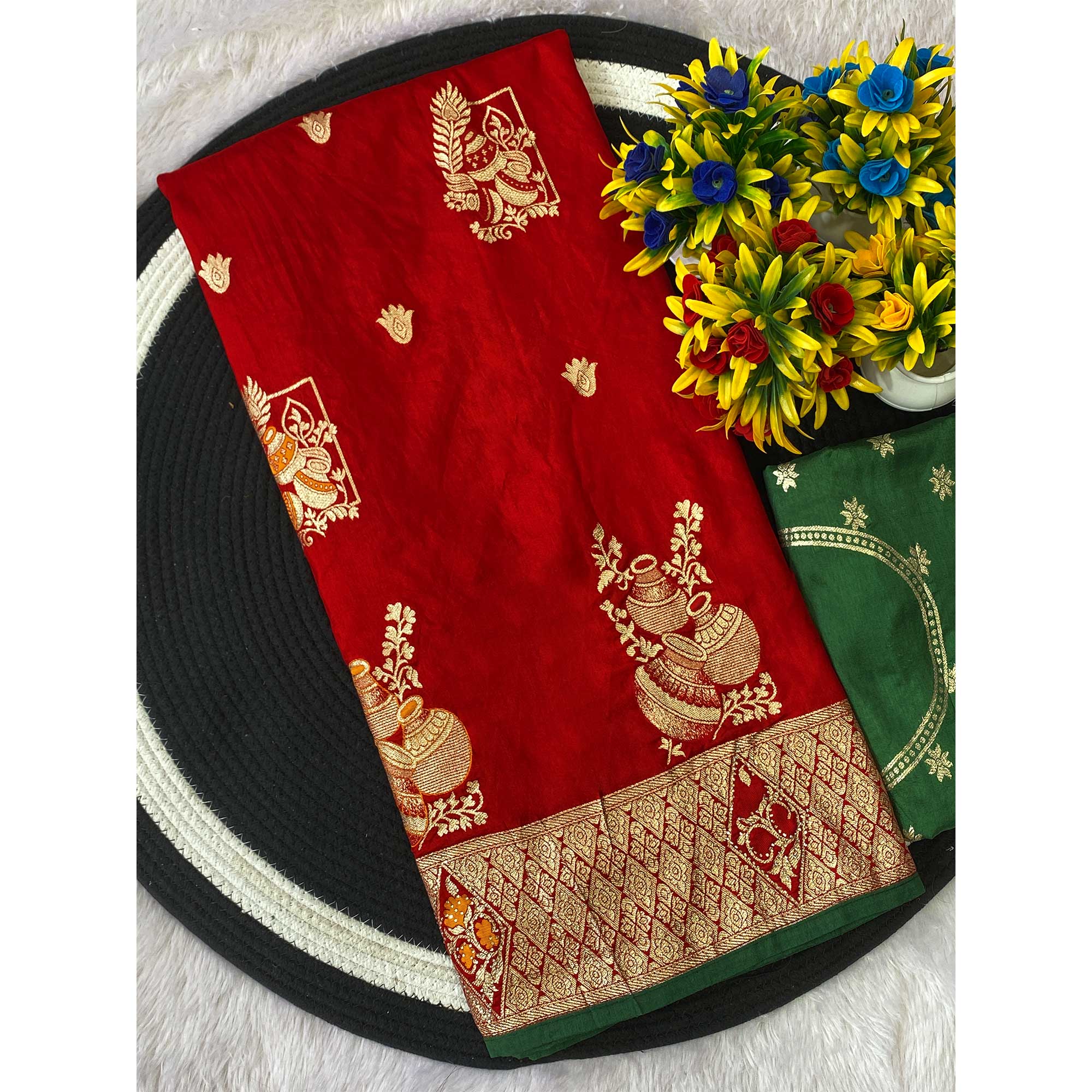 Red Dola Silk Saree With Intricate Floral Zari Weaving Elegance