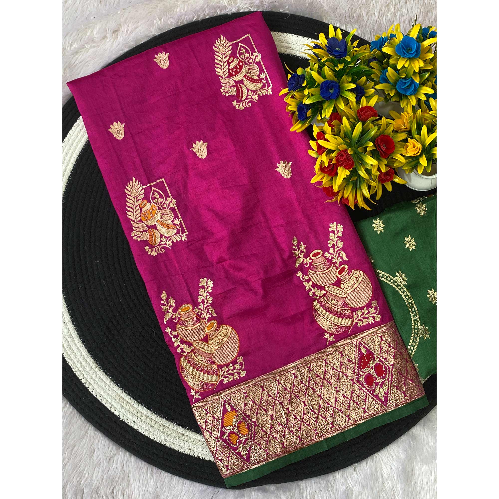 Rani Pink Dola Silk Saree With Intricate Floral Zari Weaving Elegance