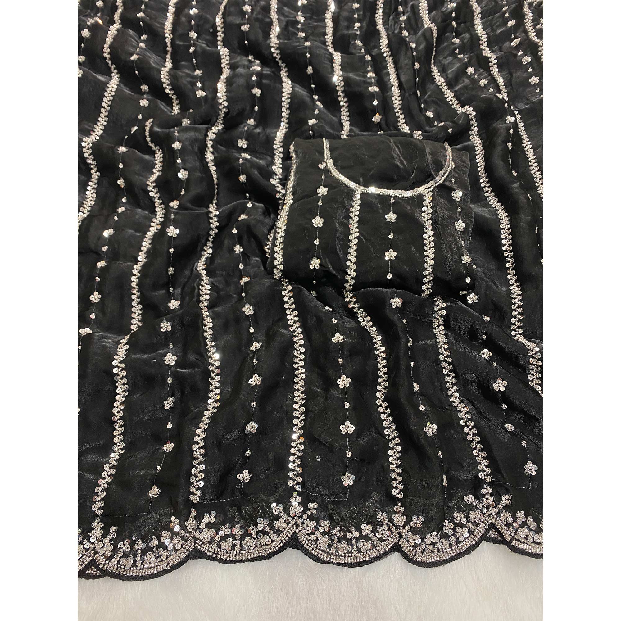 Black Designer Satin Partywear Saree Enhanced with Sparkling Sequins Work