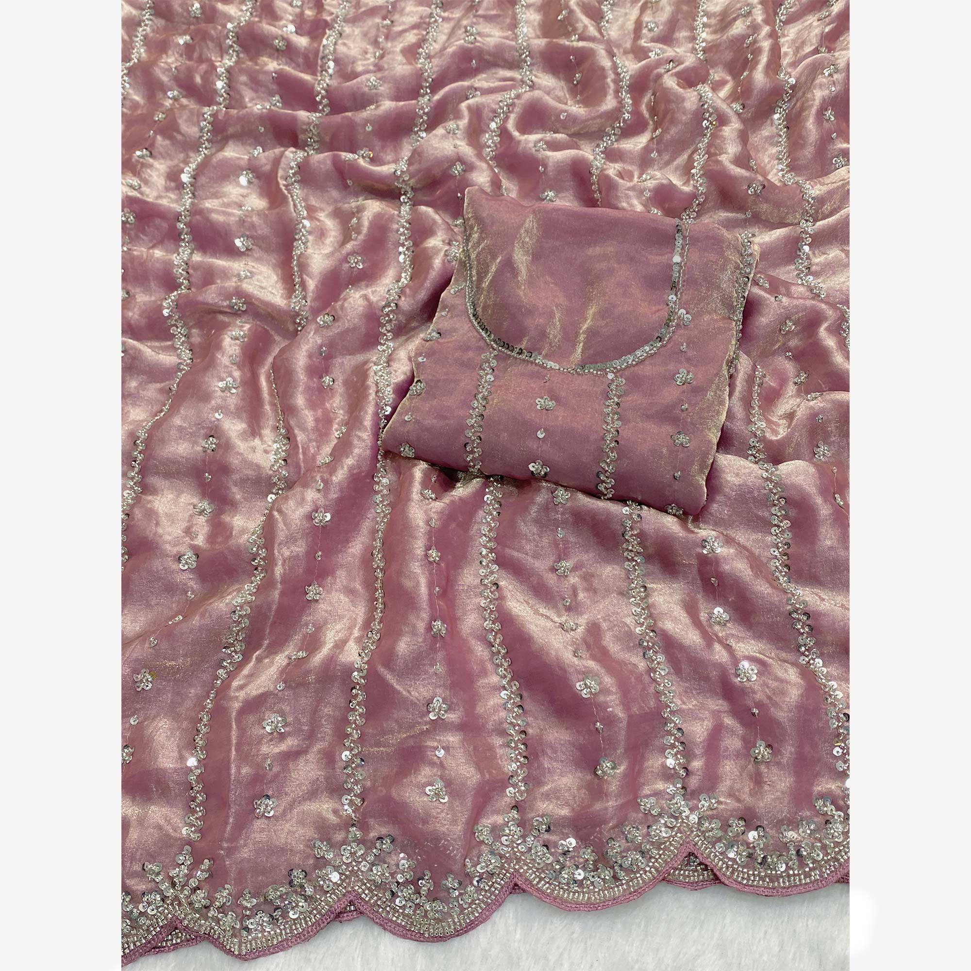 Dusty Pink Designer Satin Partywear Saree Enhanced with Sparkling Sequins Work