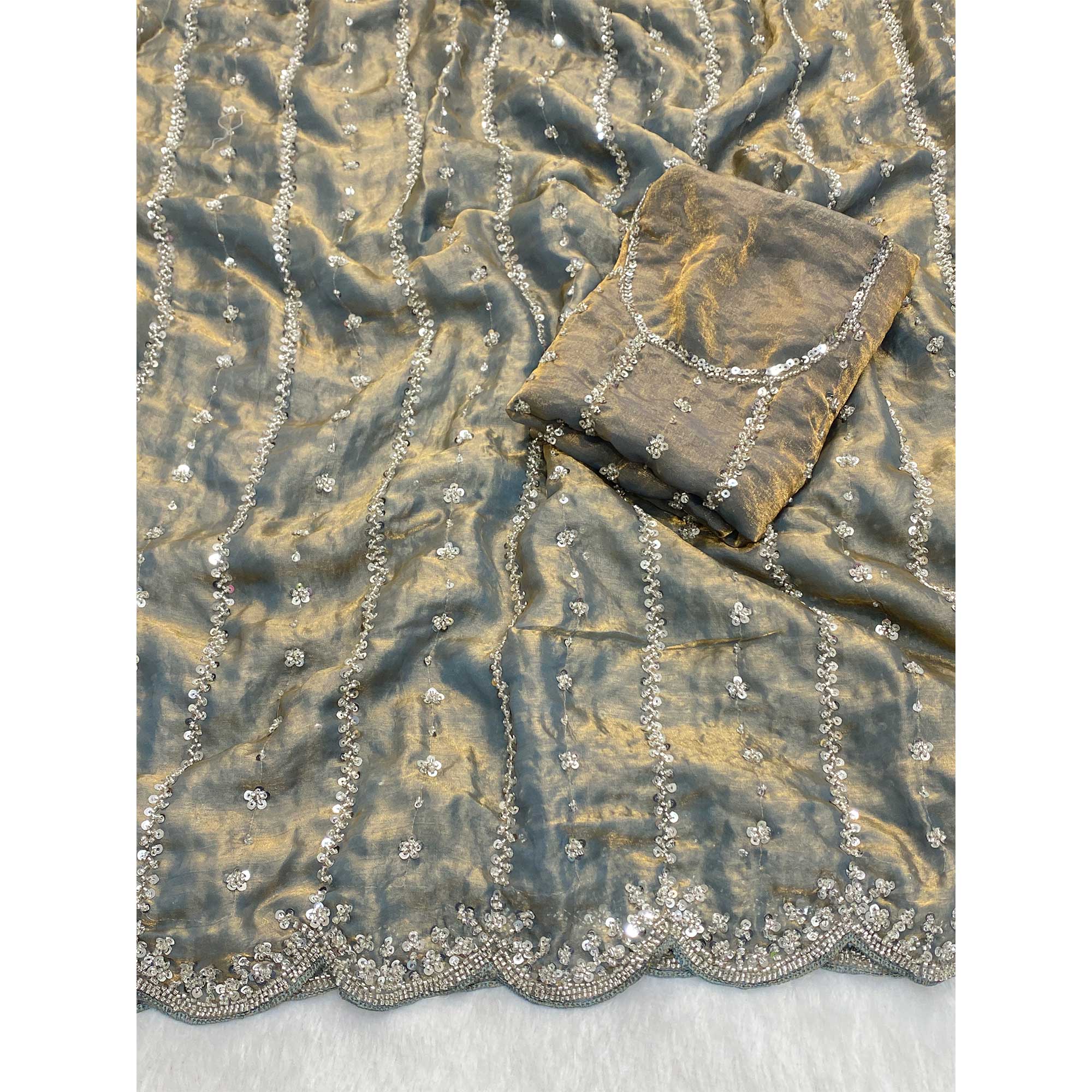 Grey Designer Satin Partywear Saree Enhanced with Sparkling Sequins Work