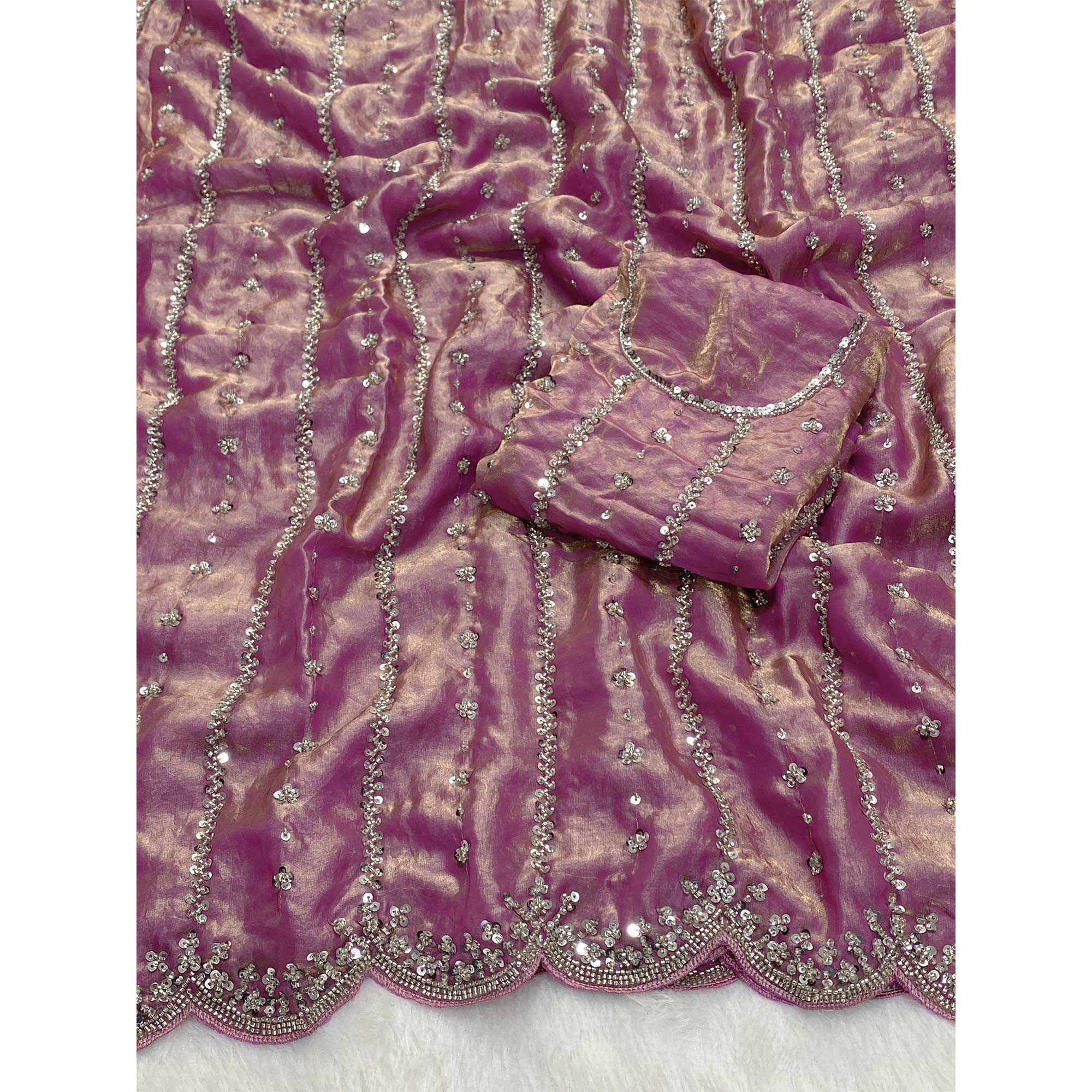 Mauve Designer Satin Partywear Saree Enhanced with Sparkling Sequins Work