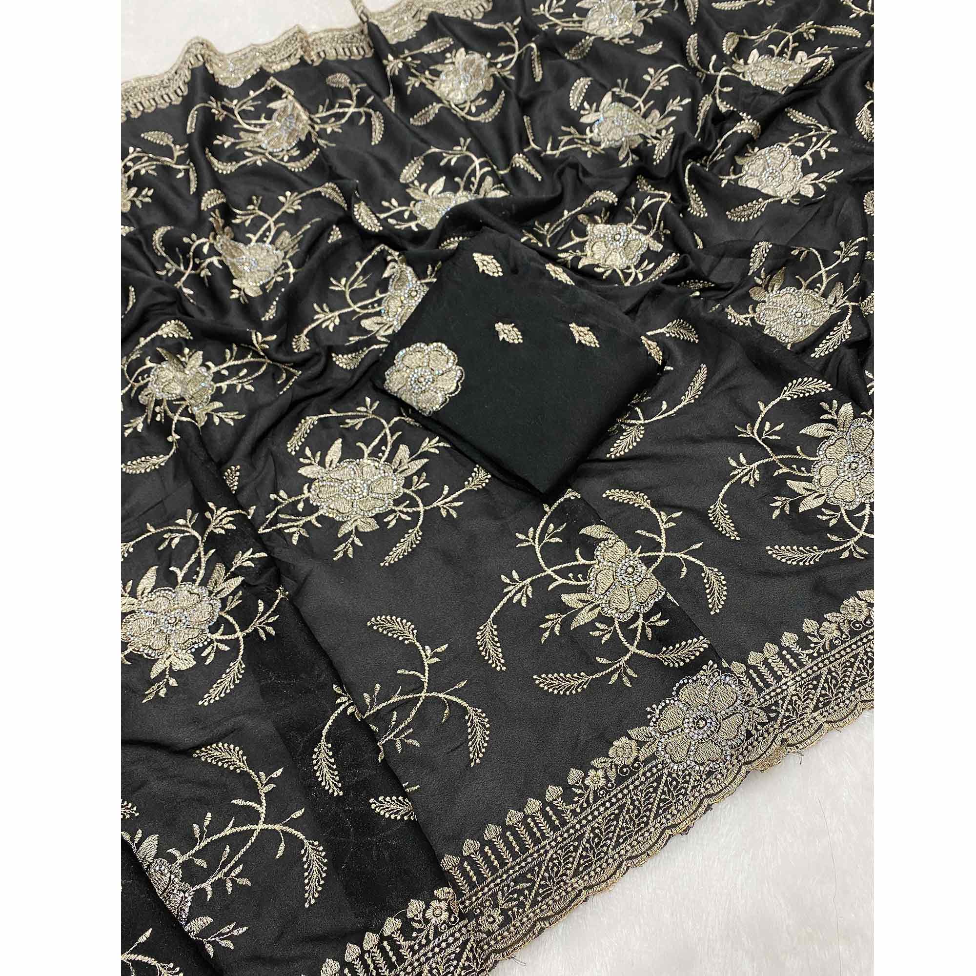 Black Georgette Saree Exquisite Star Embroidery Party Ready Ethnic