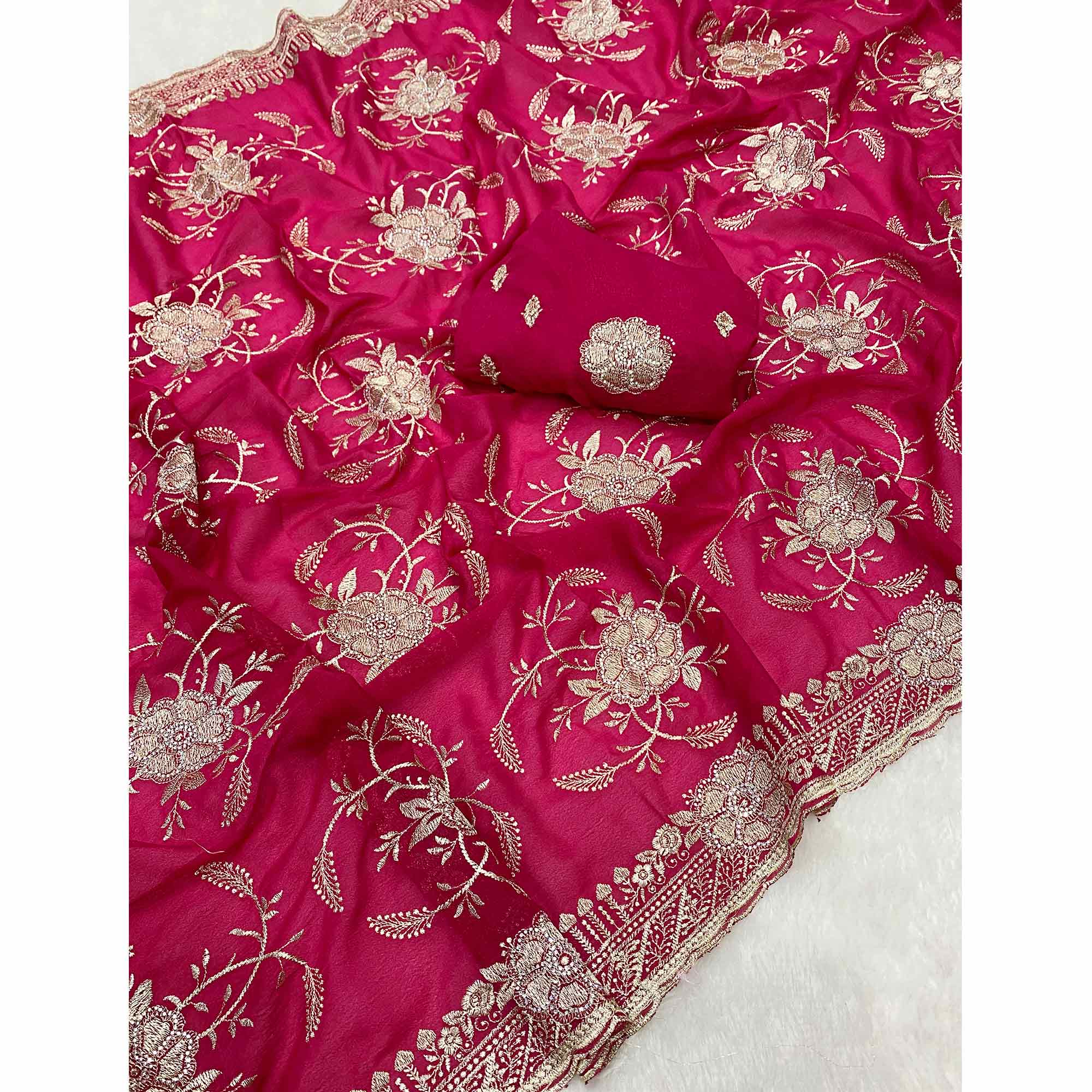 Pink Georgette Saree Exquisite Star Embroidery Party Ready Ethnic