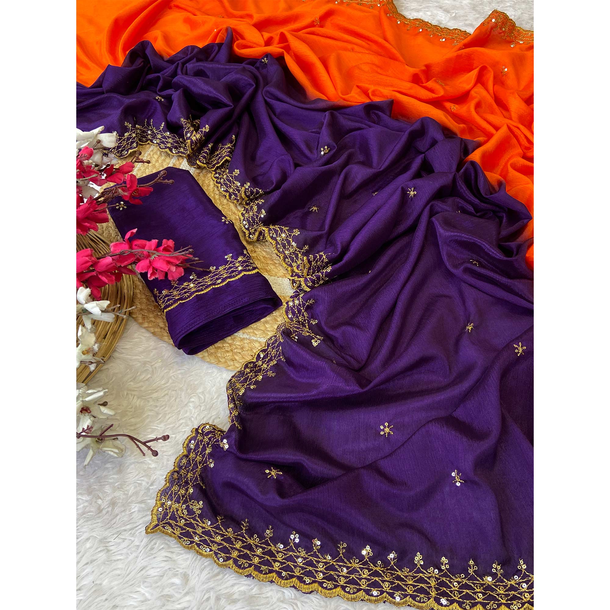 Purple & Orange Chinon Saree With Delicate Floral Sequins Work And Lace Border