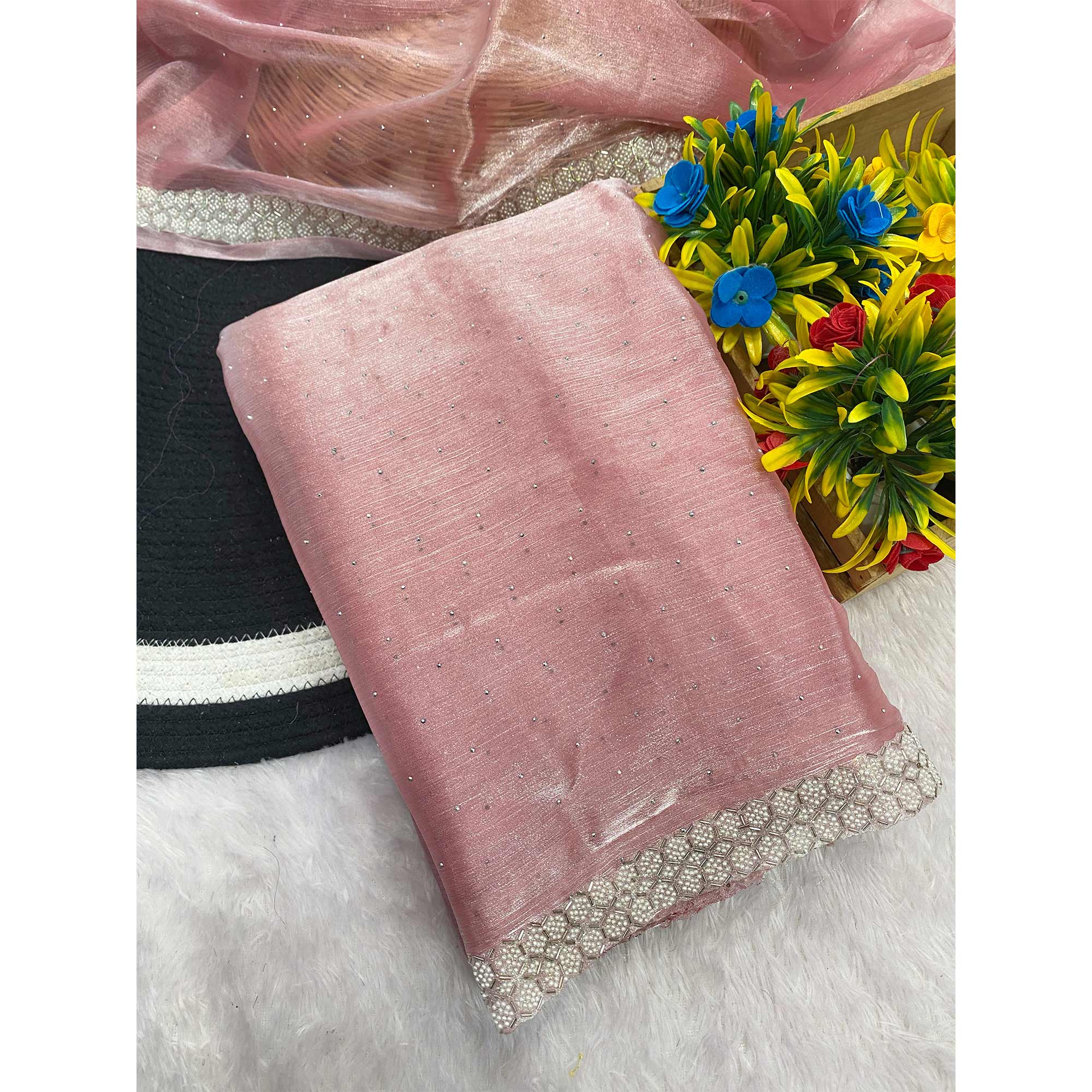 Gajari Pink Satin Burberry Saree Adorned With Sparkling Swarovski & Elegant Moti Work Border