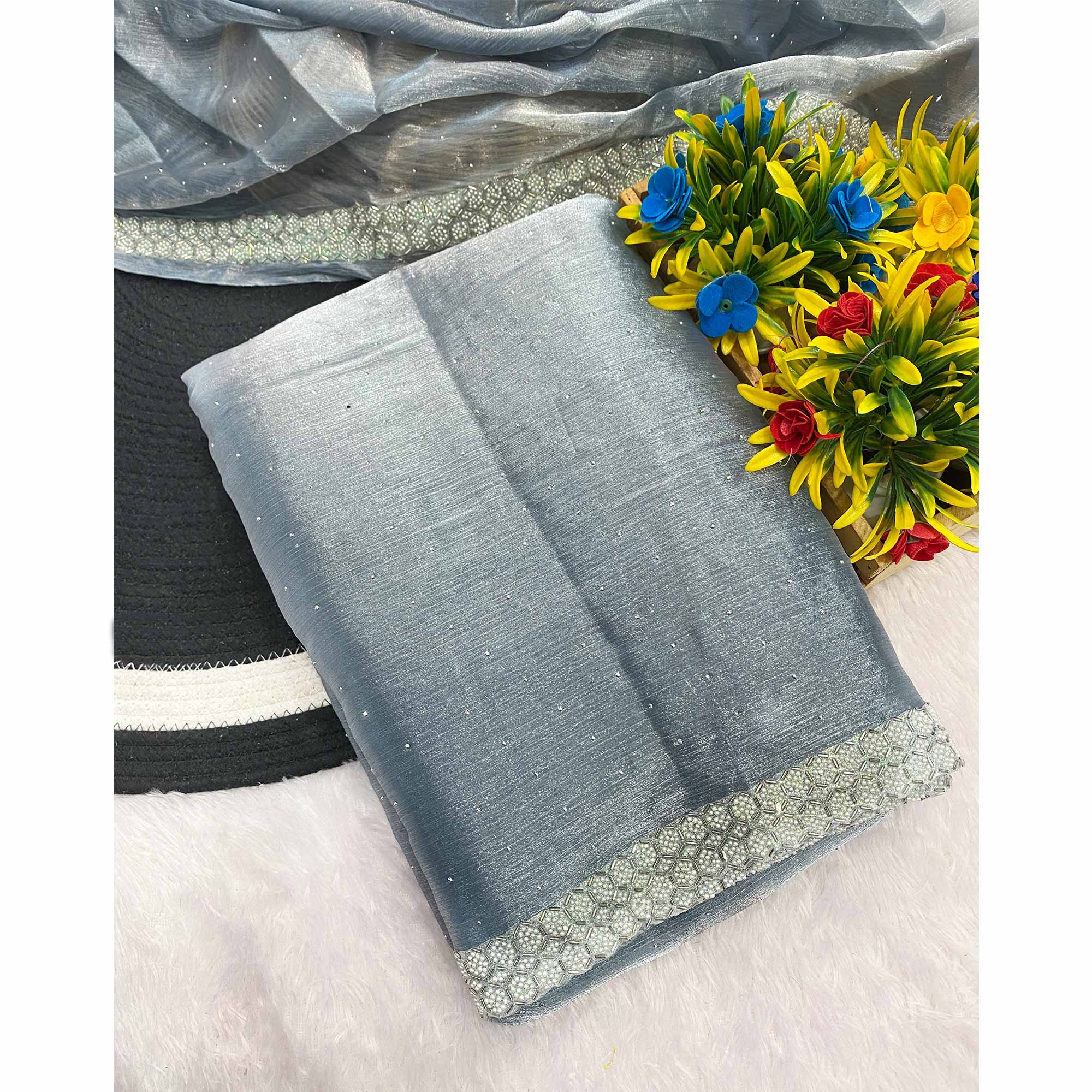 Grey Satin Burberry Saree Adorned With Sparkling Swarovski & Elegant Moti Work Border