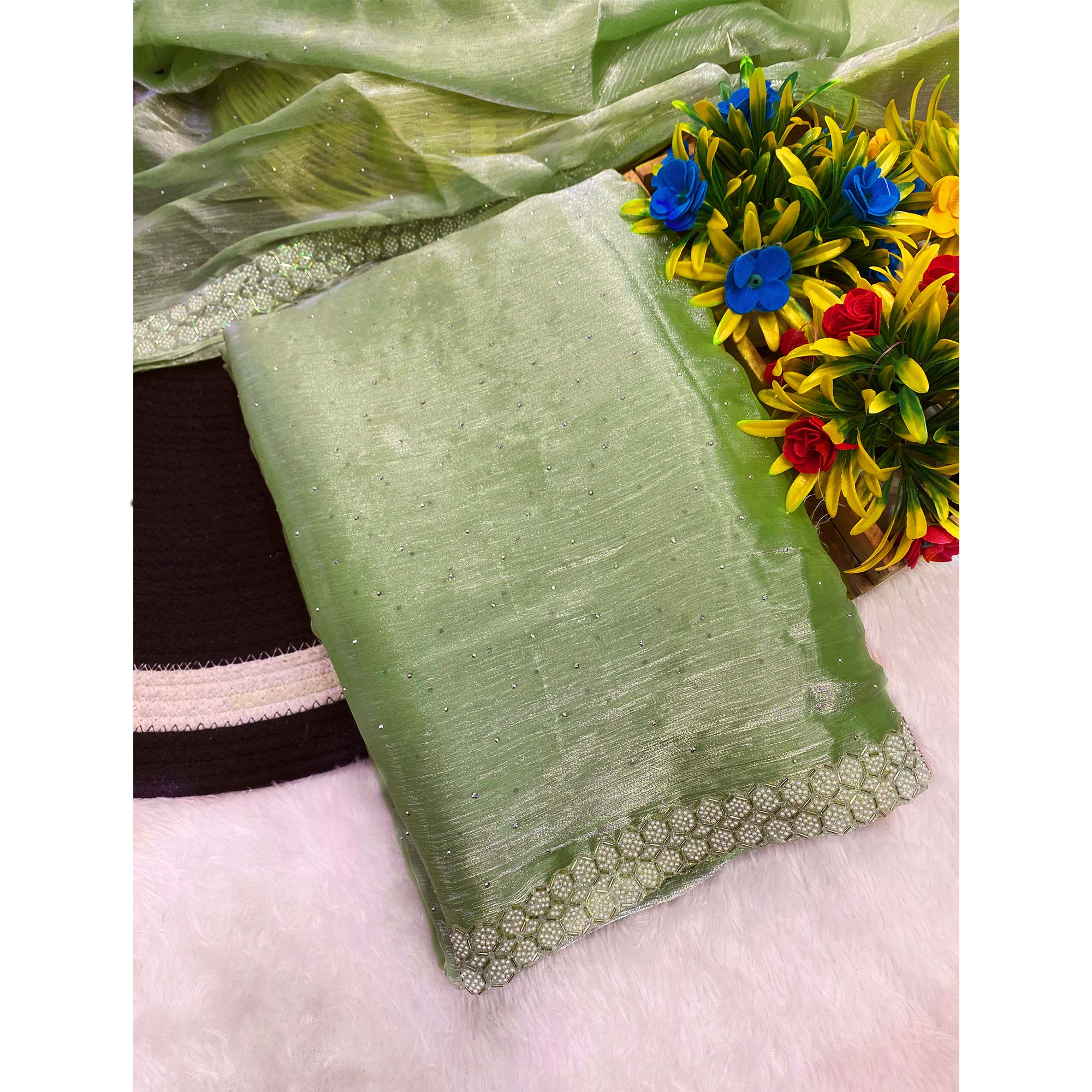 Pista Green Satin Burberry Saree Adorned With Sparkling Swarovski & Elegant Moti Work Border