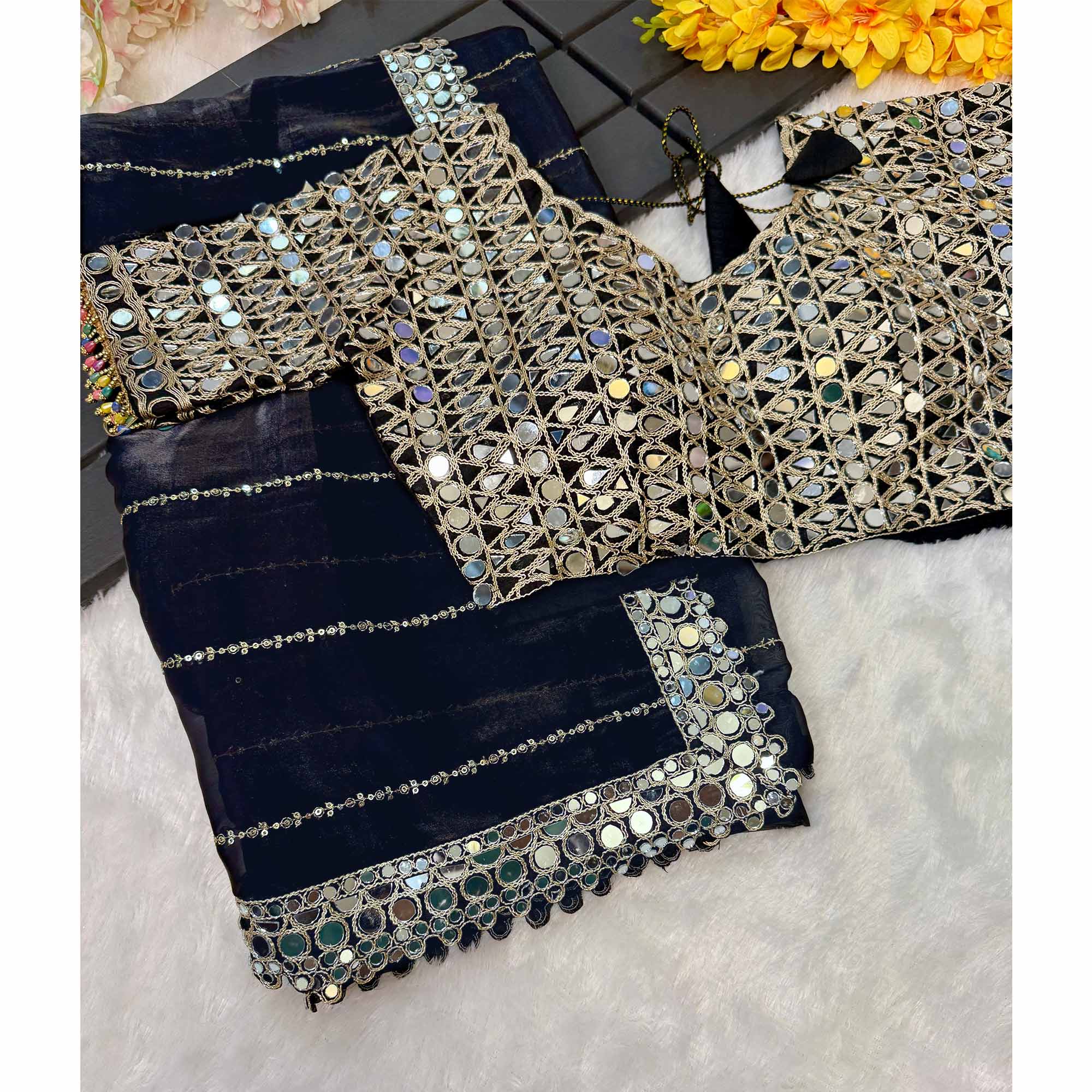 Black Jimmy Choo Satin Saree Adorned With Sequins Embroidery & Mirror Accents