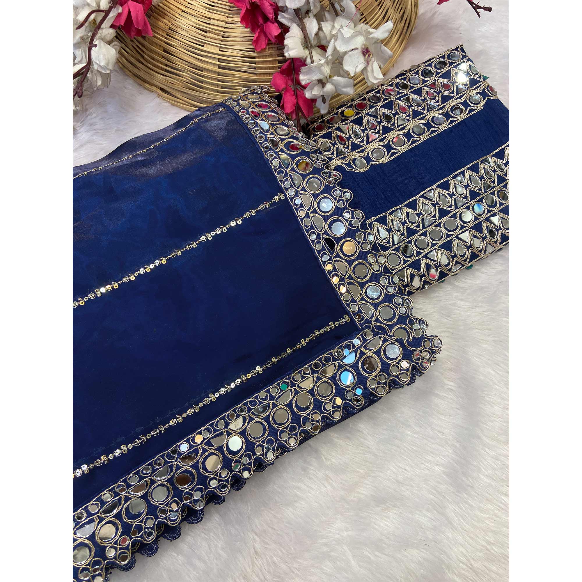 Blue Jimmy Choo Satin Saree Adorned With Sequins Embroidery & Mirror Accents