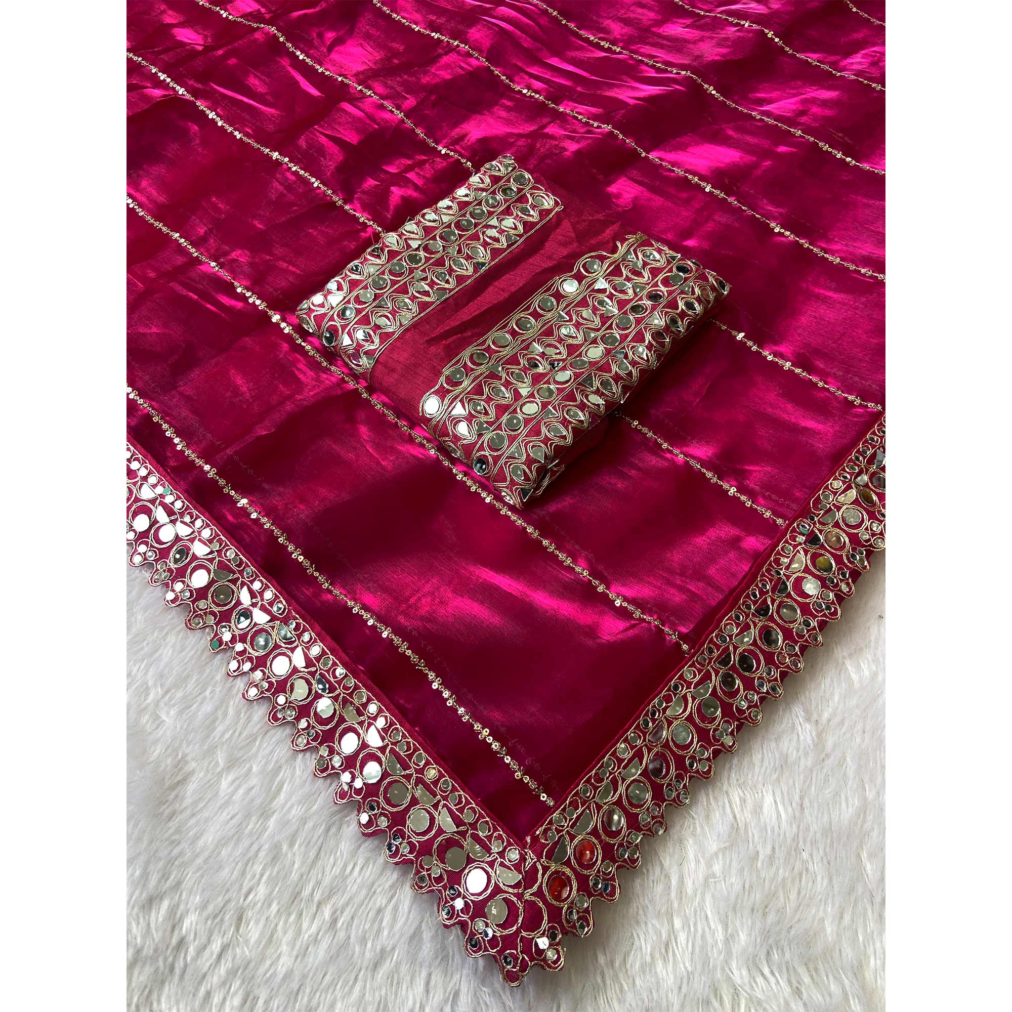 Rani Pink Jimmy Choo Satin Saree Adorned With Sequins Embroidery & Mirror Accents