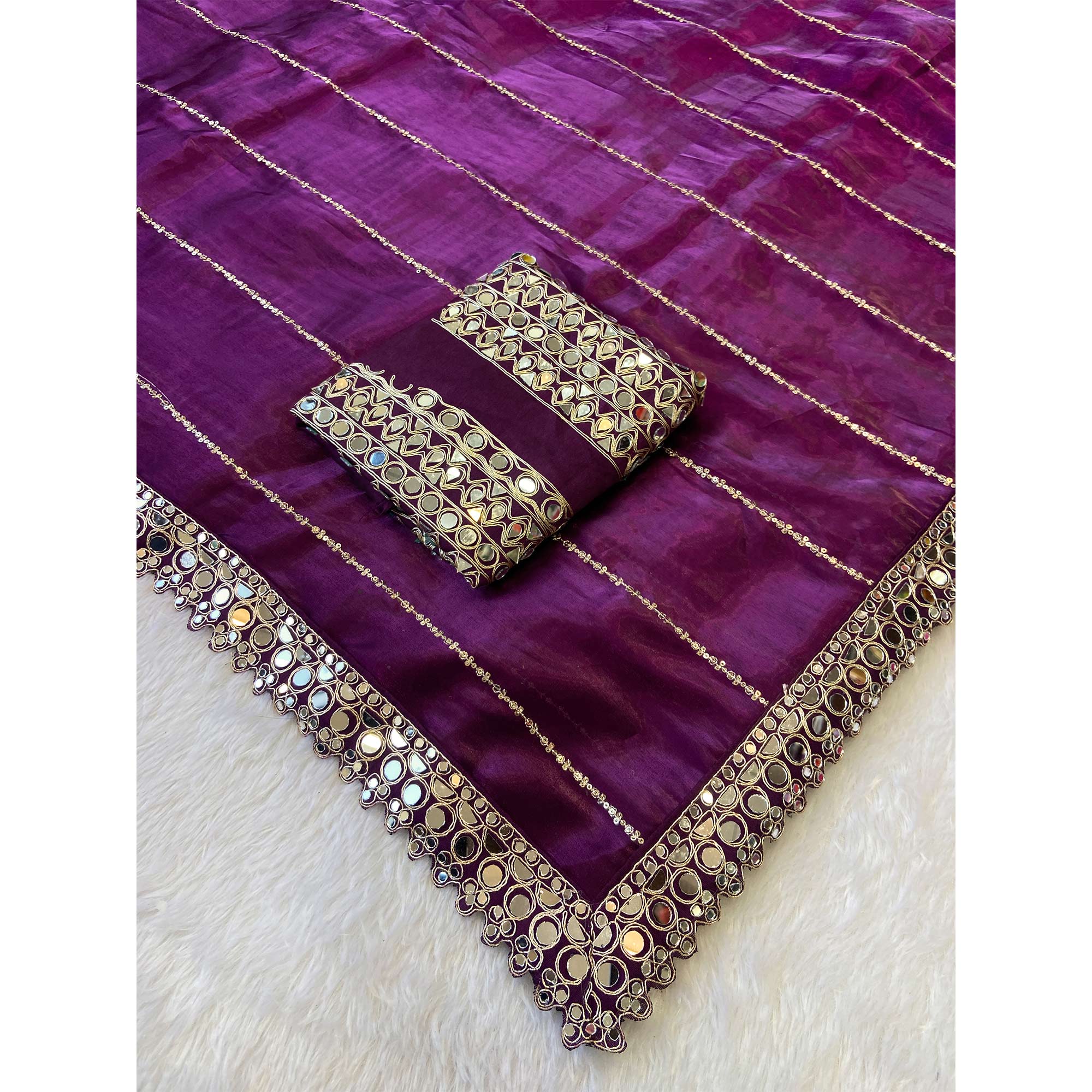 Wine Jimmy Choo Satin Saree Adorned With Sequins Embroidery & Mirror Accents