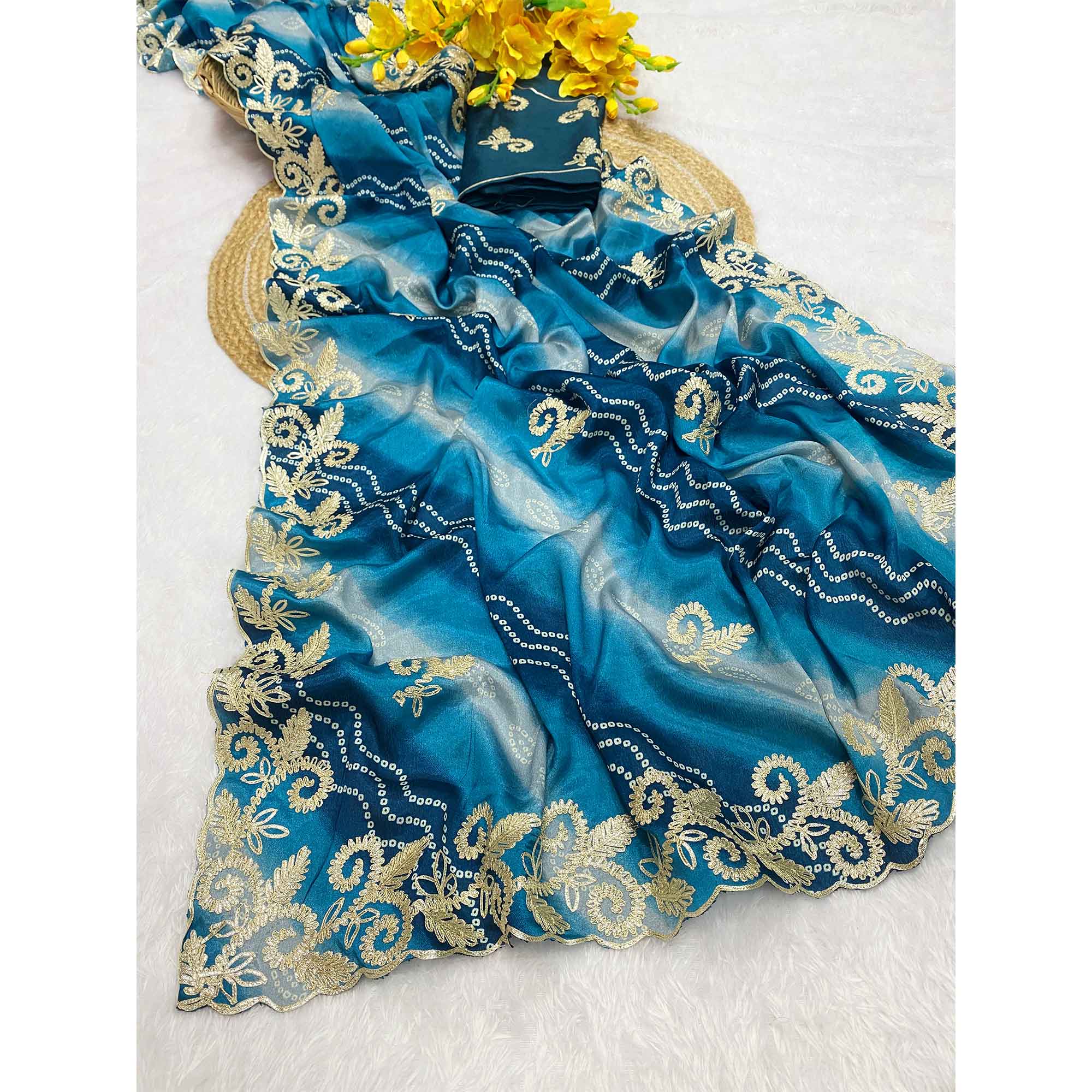 Blue Chinon Saree With Timeless Bandhani Print & Exquisite Gota Patti Embroidery
