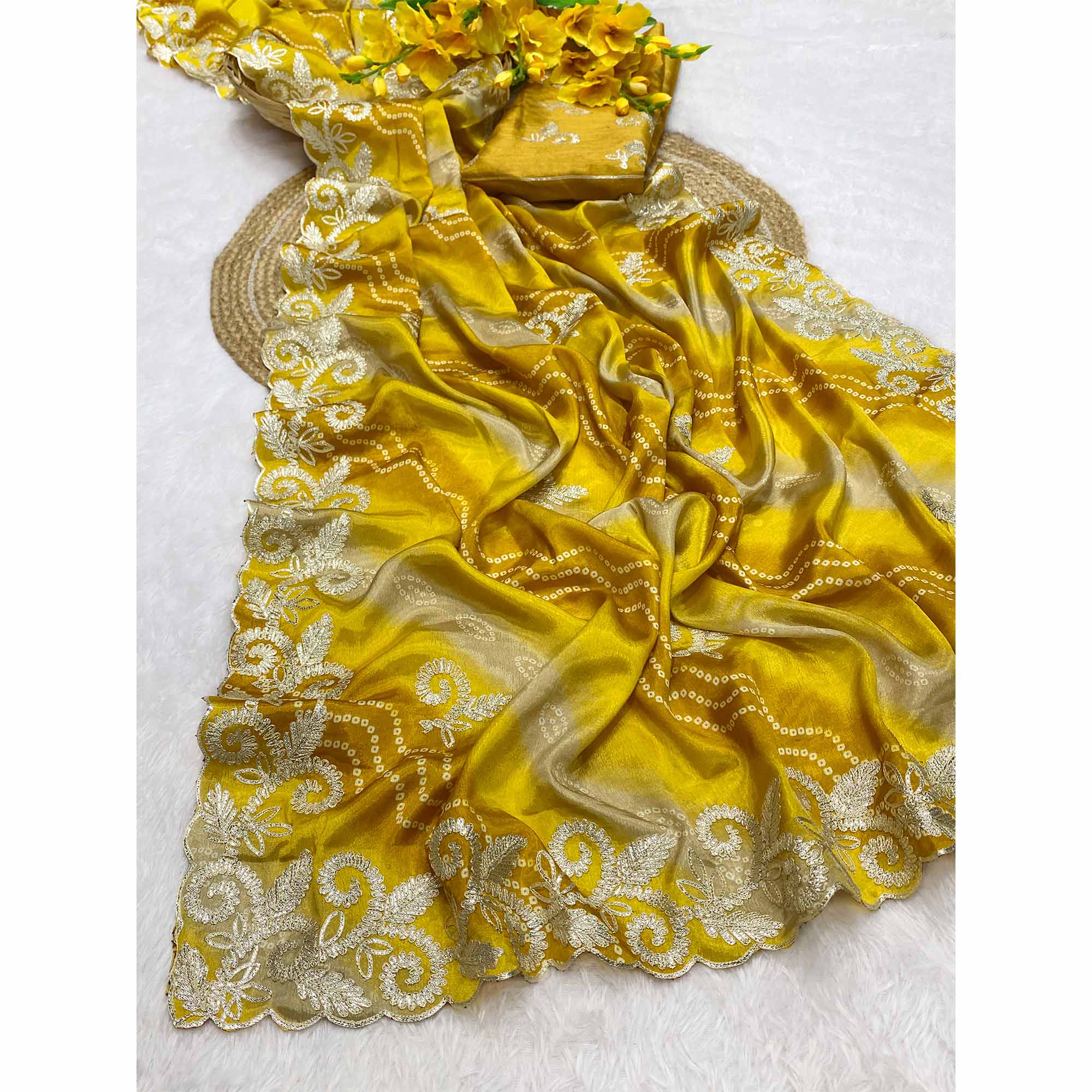 Mustard Chinon Saree With Timeless Bandhani Print & Exquisite Gota Patti Embroidery