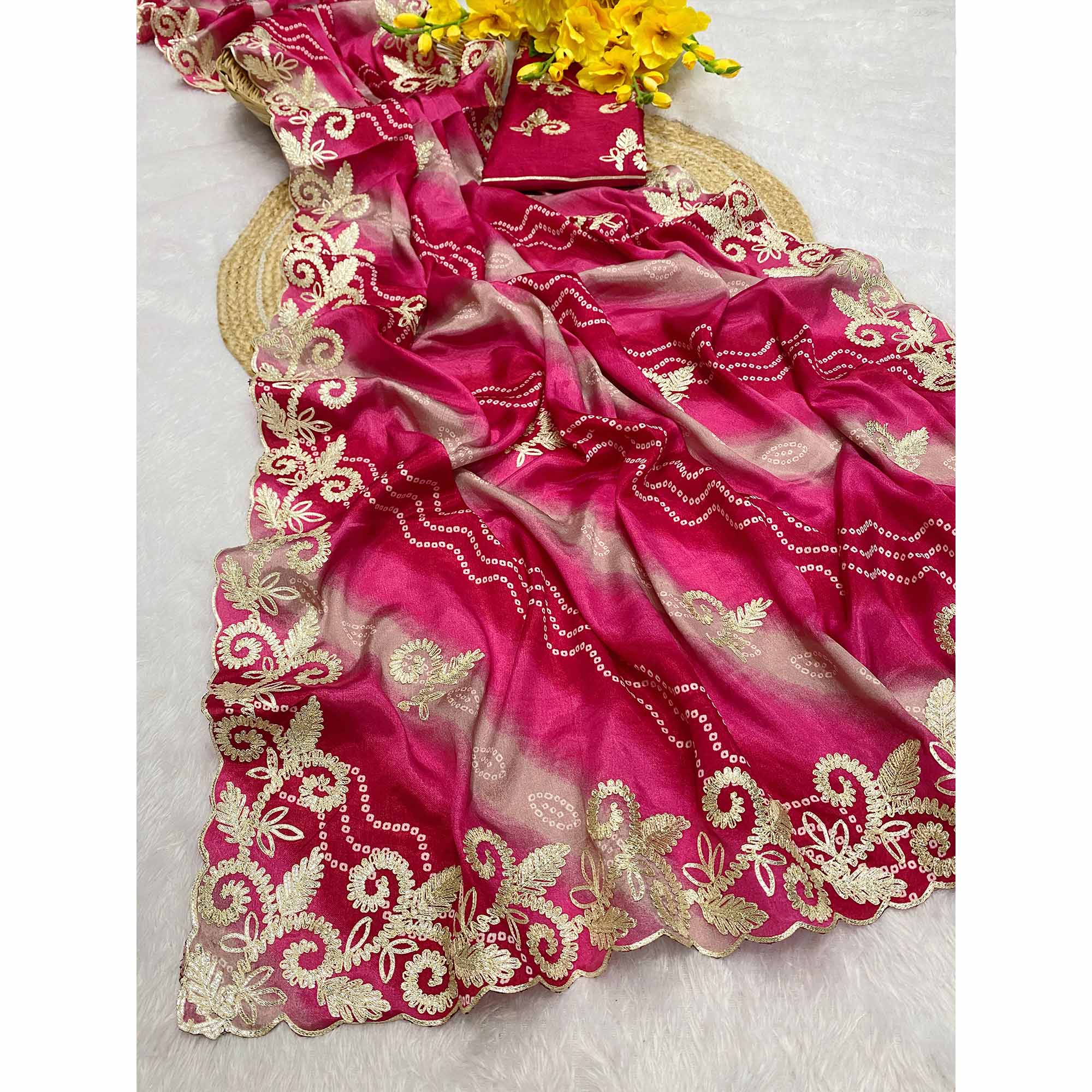 Pink Chinon Saree With Timeless Bandhani Print & Exquisite Gota Patti Embroidery