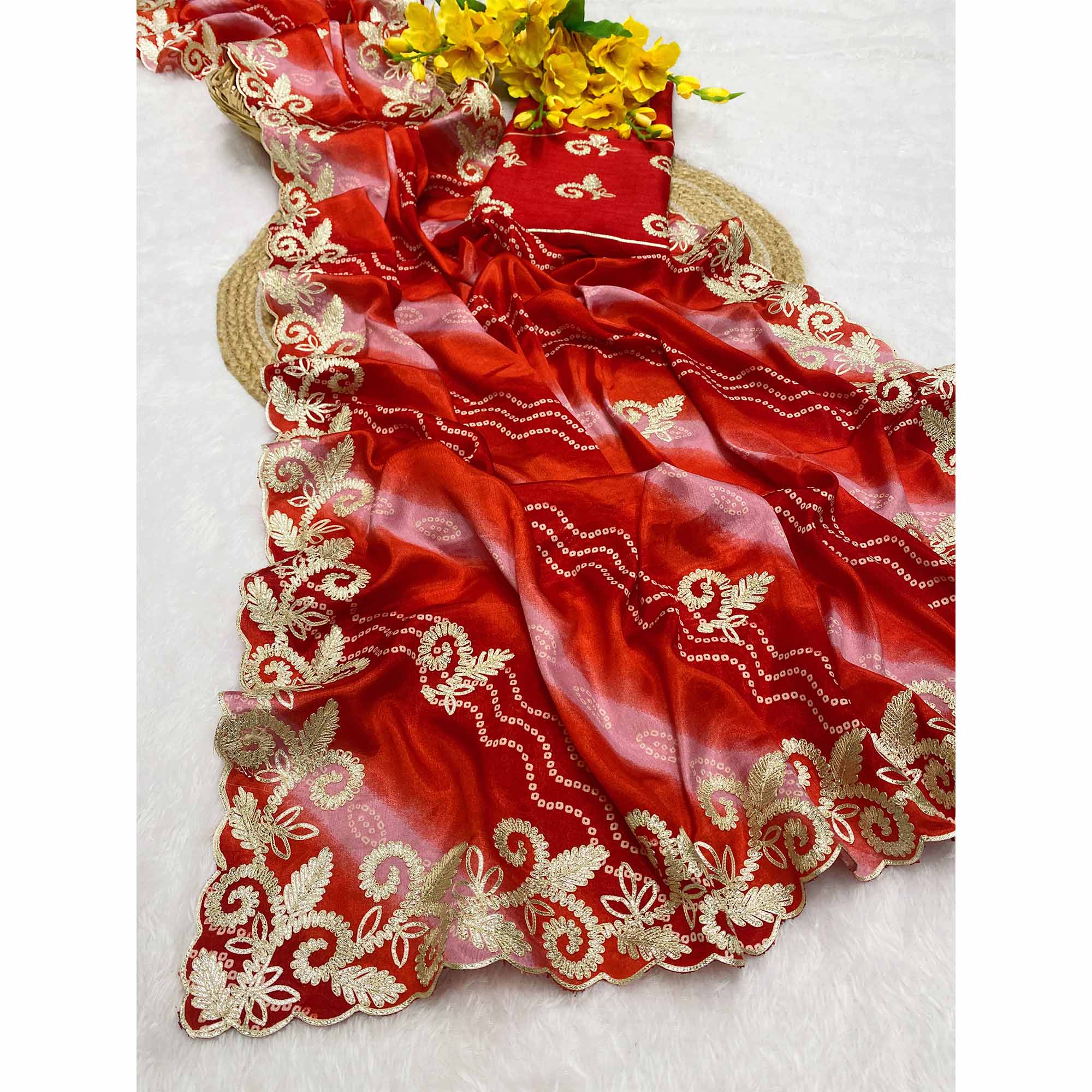 Red Chinon Saree With Timeless Bandhani Print & Exquisite Gota Patti Embroidery