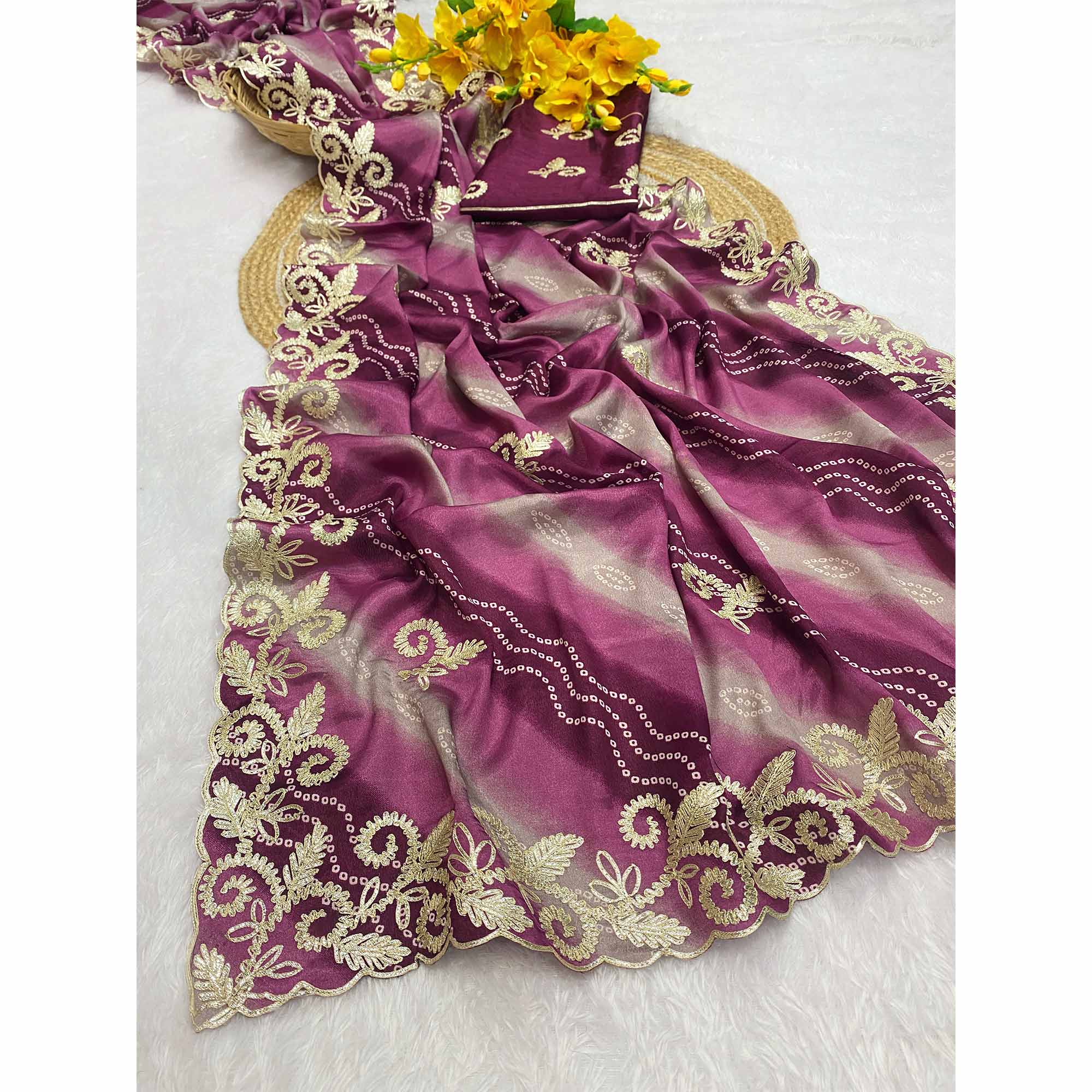 Wine Chinon Saree With Timeless Bandhani Print & Exquisite Gota Patti Embroidery