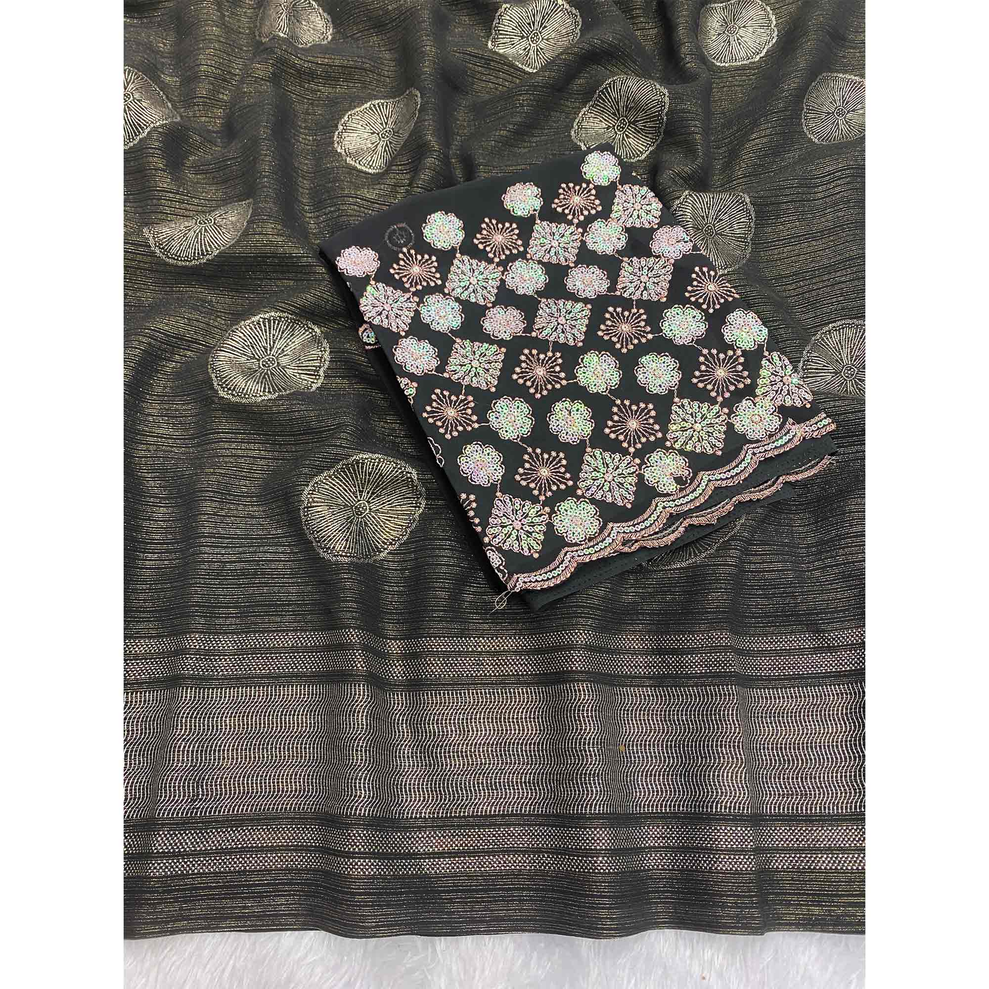 Black Georgette Saree With Shimmering Floral Foil Print & Tassel Accented Pallu