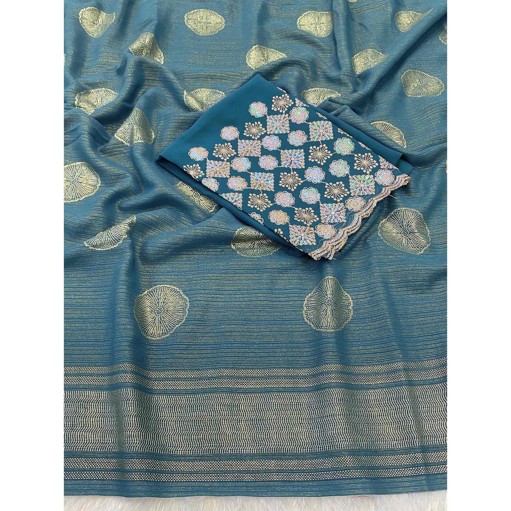 Blue Georgette Saree With Shimmering Floral Foil Print & Tassel Accented Pallu