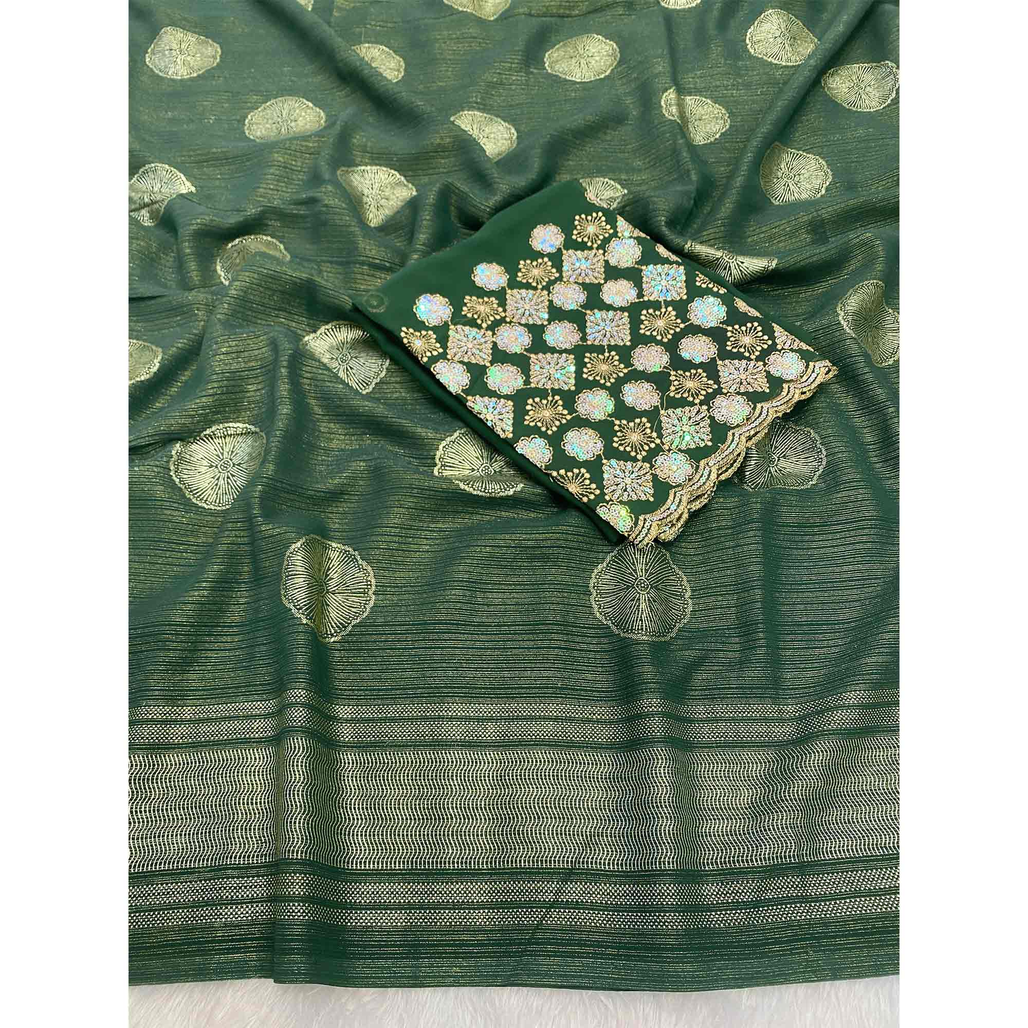 Green Georgette Saree With Shimmering Floral Foil Print & Tassel Accented Pallu