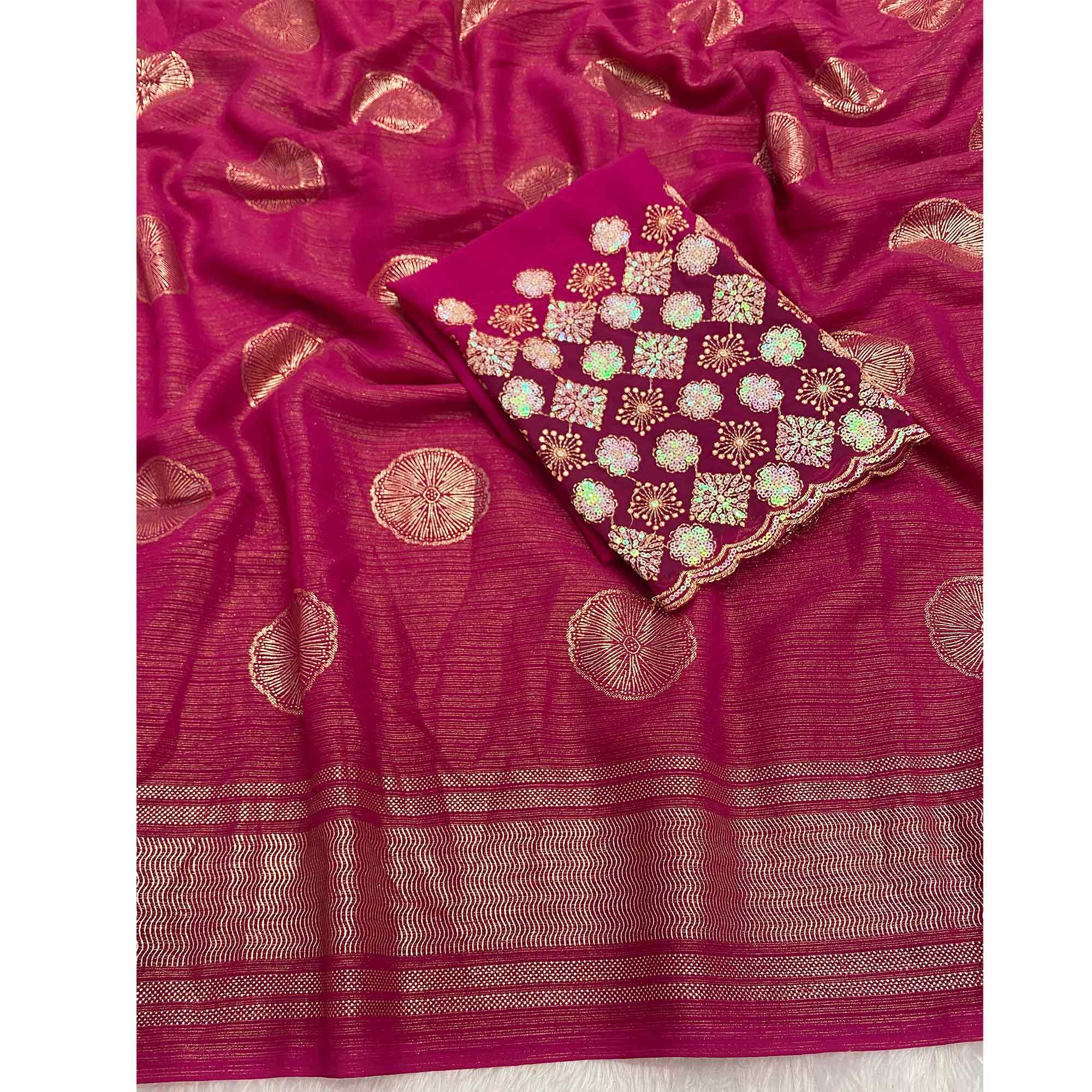 Pink Georgette Saree With Shimmering Floral Foil Print & Tassel Accented Pallu