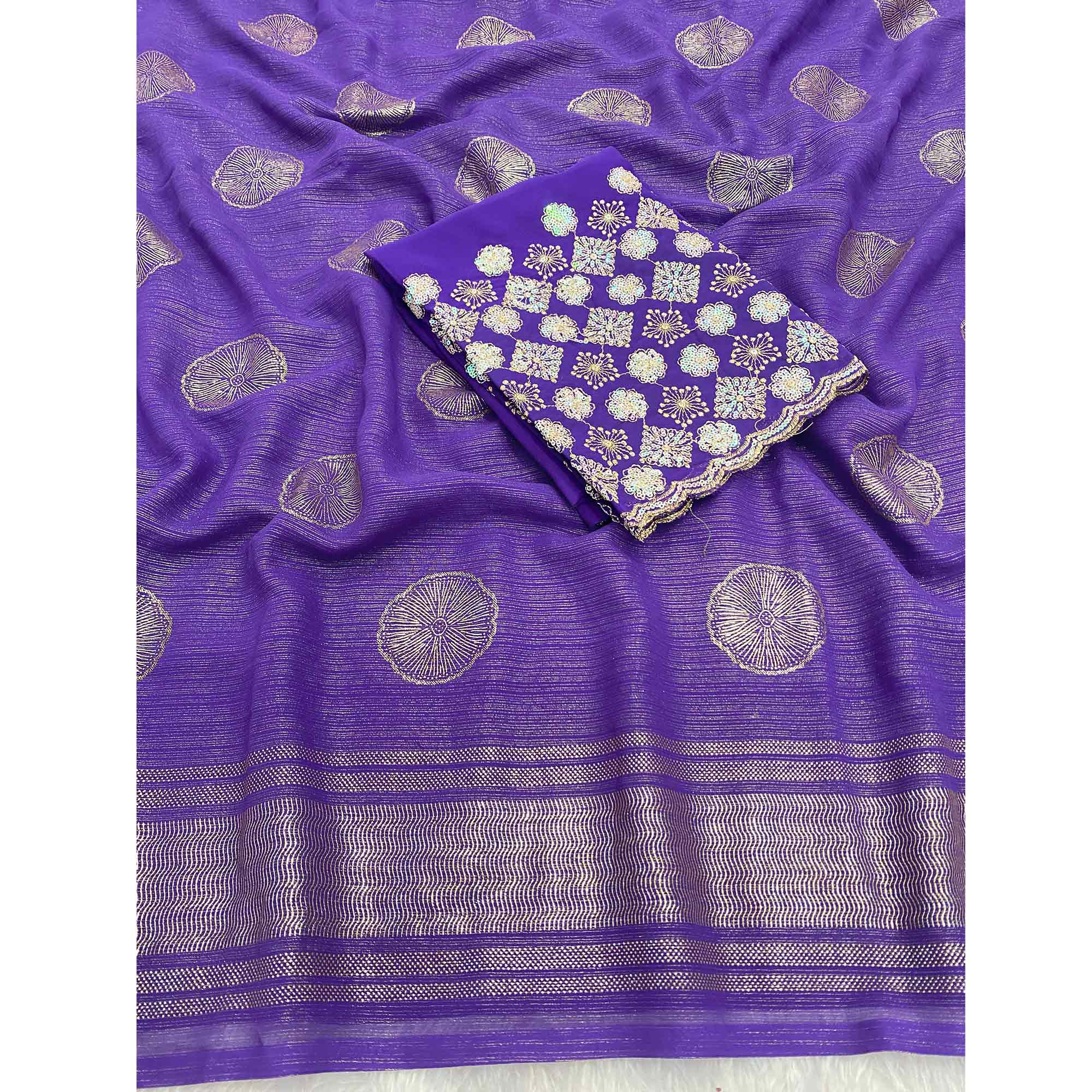 Purple Georgette Saree With Shimmering Floral Foil Print & Tassel Accented Pallu