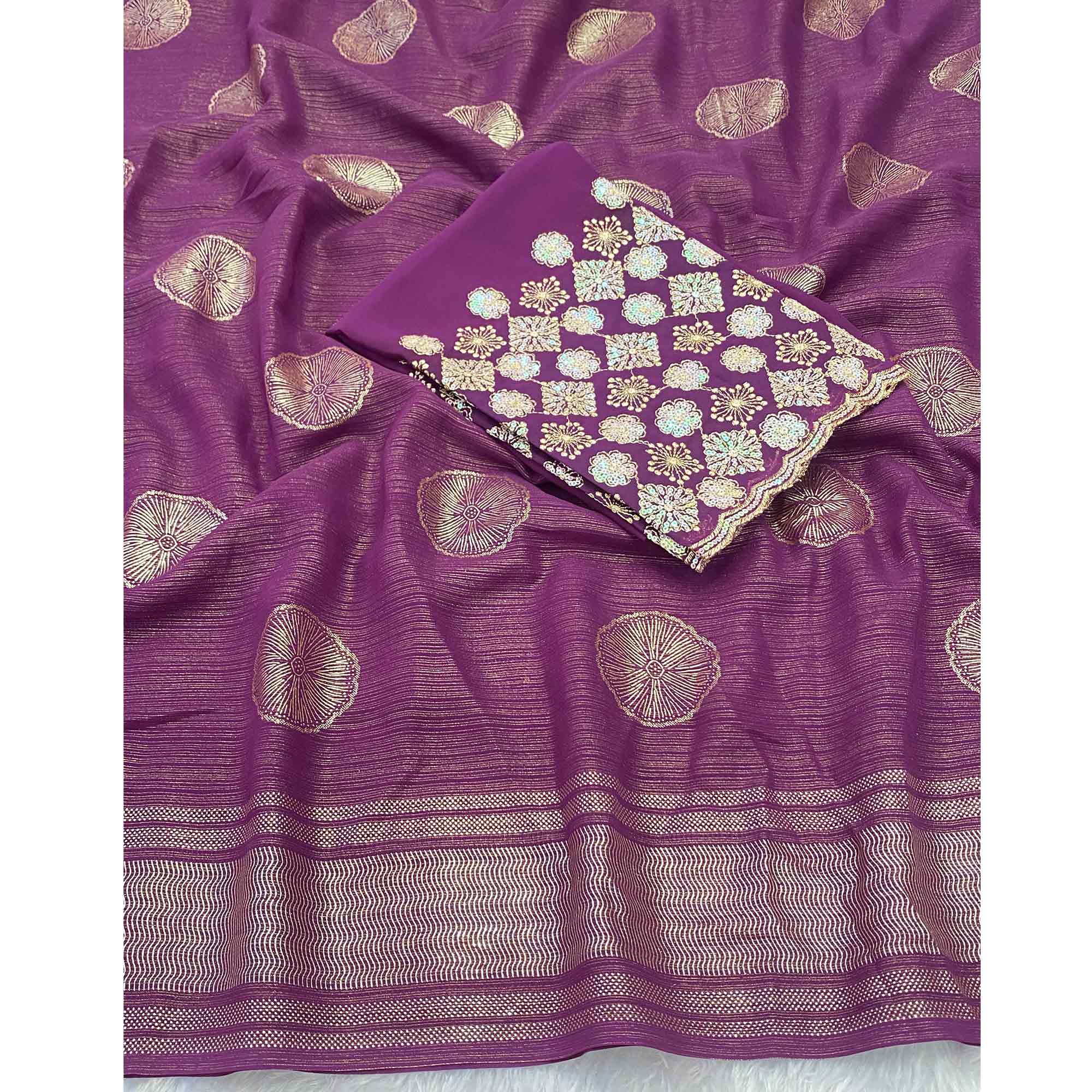 Wine Georgette Saree With Shimmering Floral Foil Print & Tassel Accented Pallu