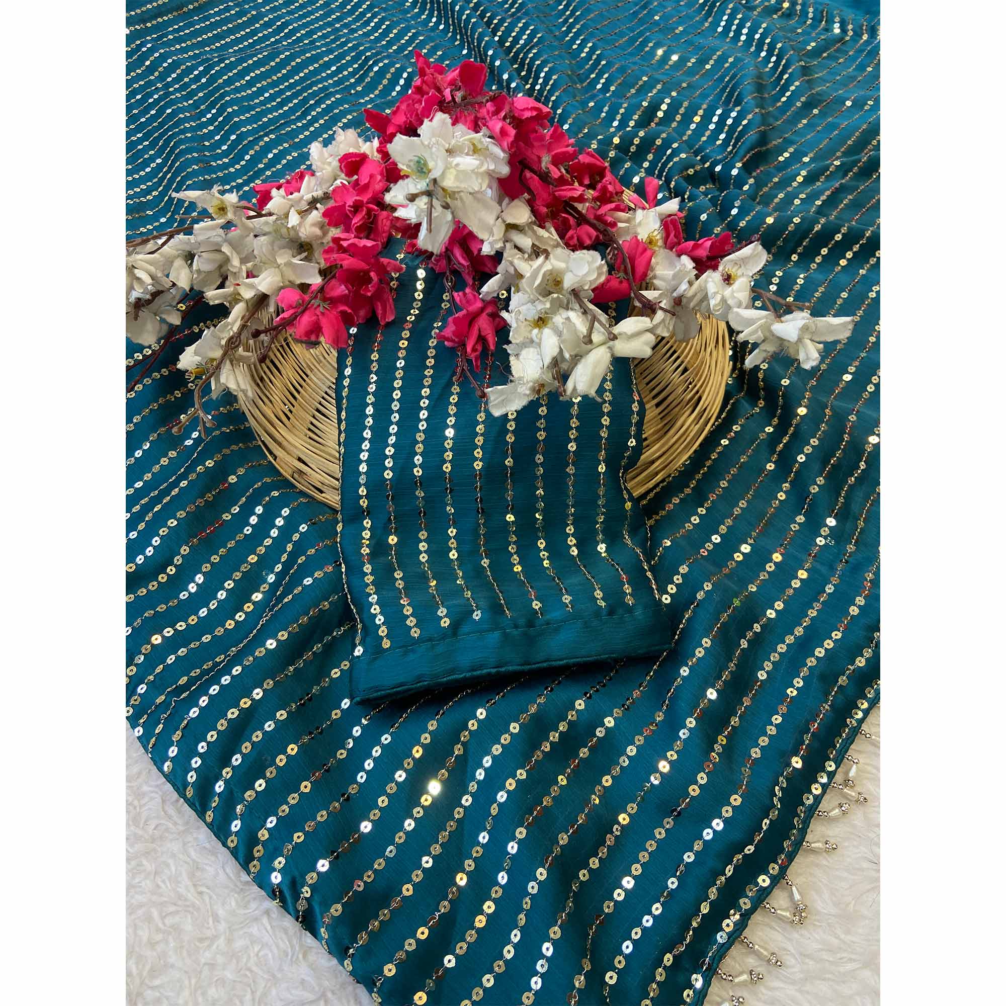 Blue Satin Saree With Shimmering Striped Sequins Embroidered Detailing