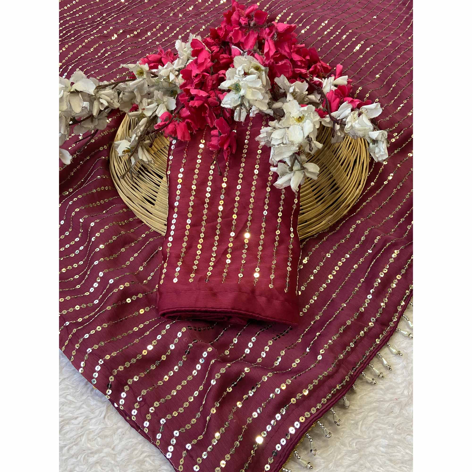 Maroon Satin Saree With Shimmering Striped Sequins Embroidered Detailing
