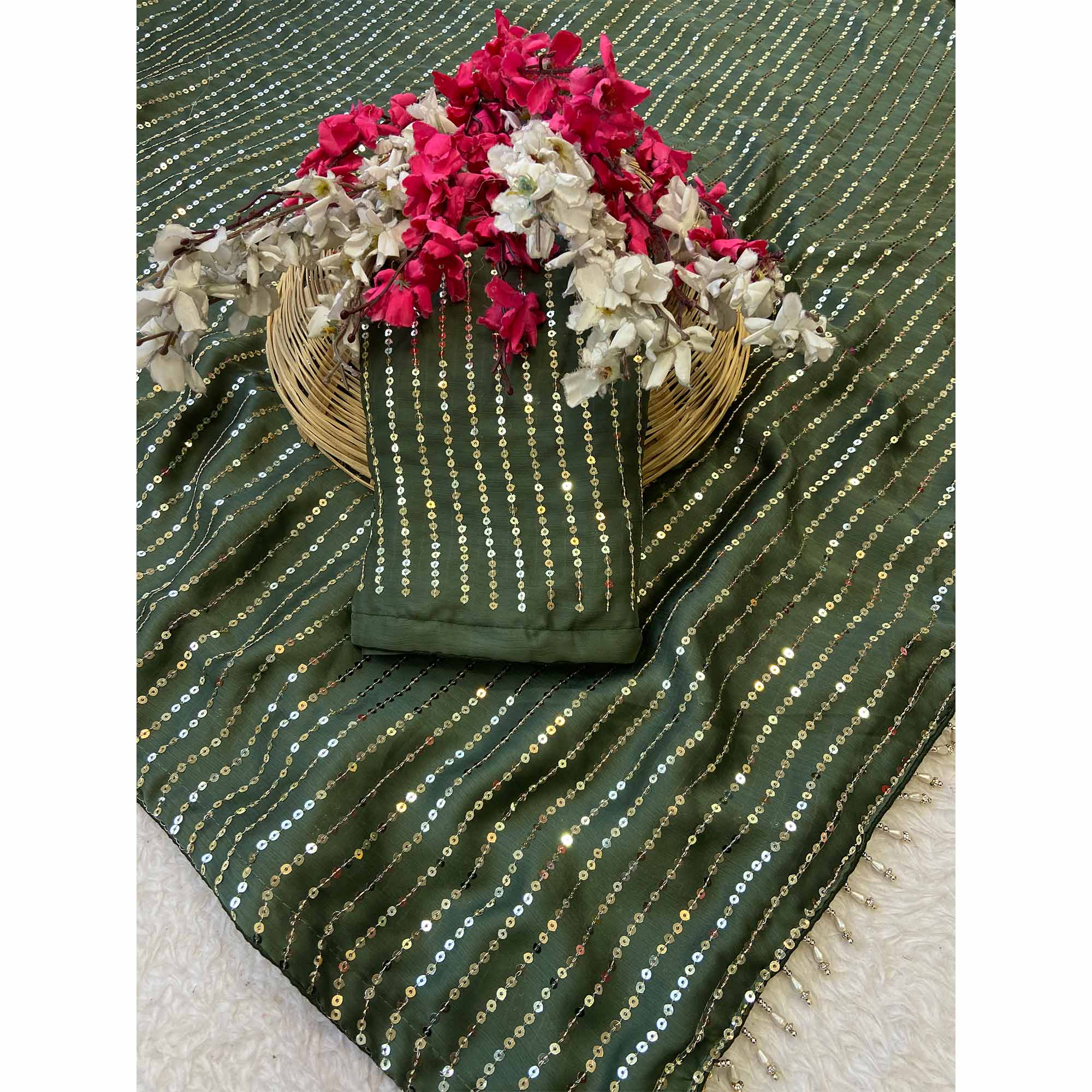 Mehendi Green Satin Saree With Shimmering Striped Sequins Embroidered Detailing