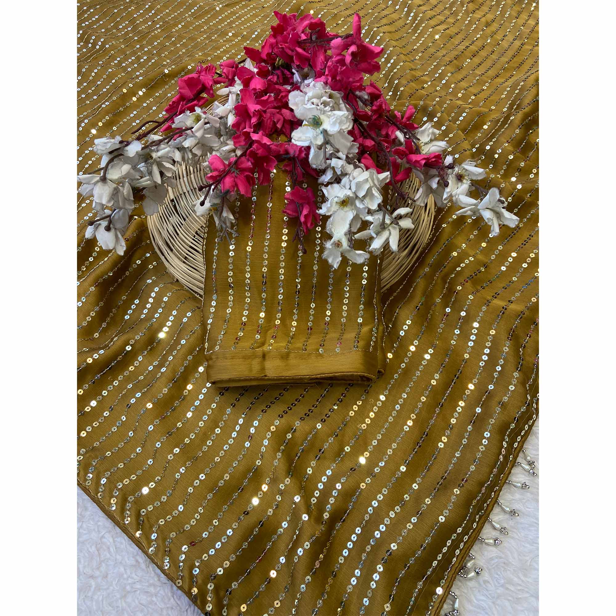 Mustard Satin Saree With Shimmering Striped Sequins Embroidered Detailing