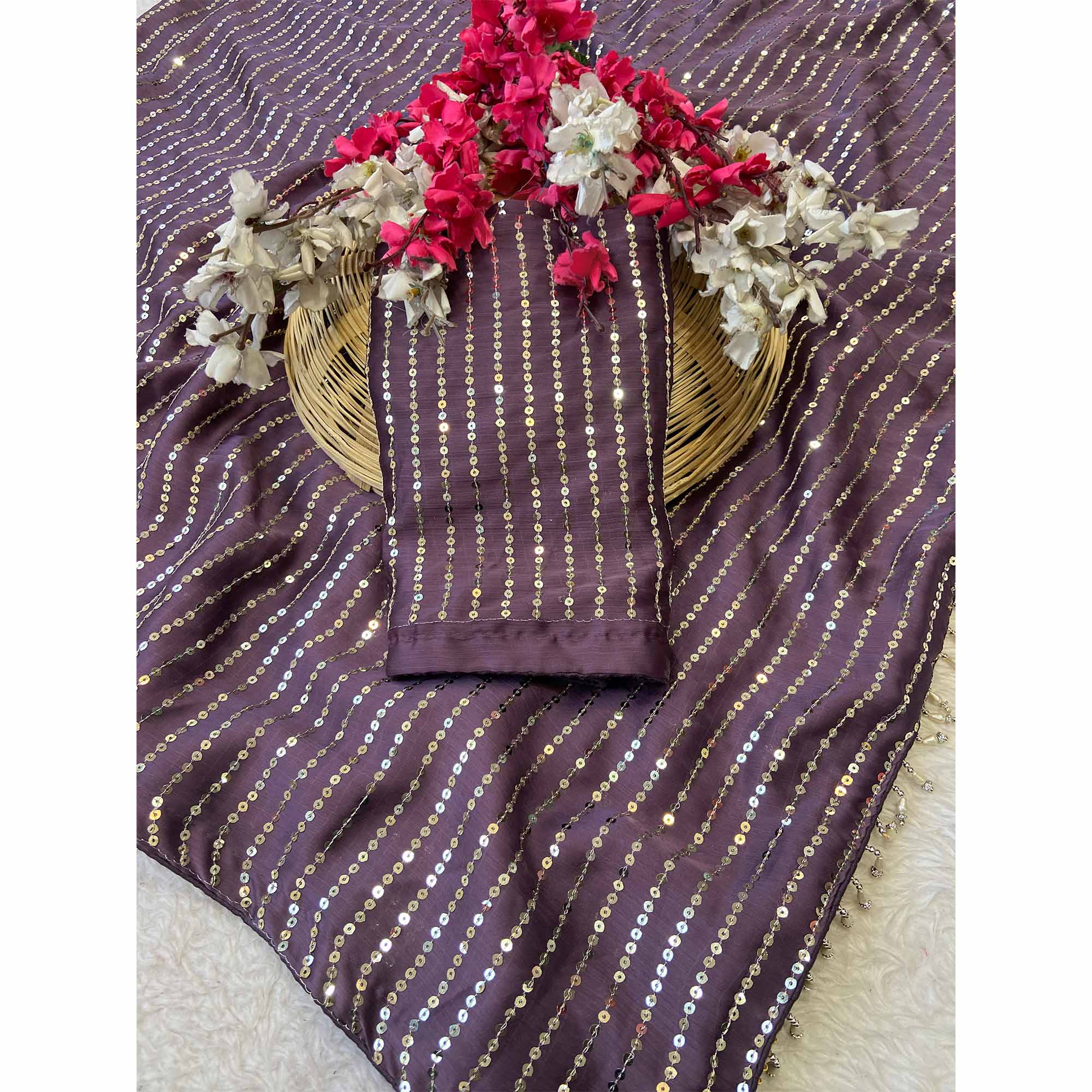 Purple Satin Saree With Shimmering Striped Sequins Embroidered Detailing