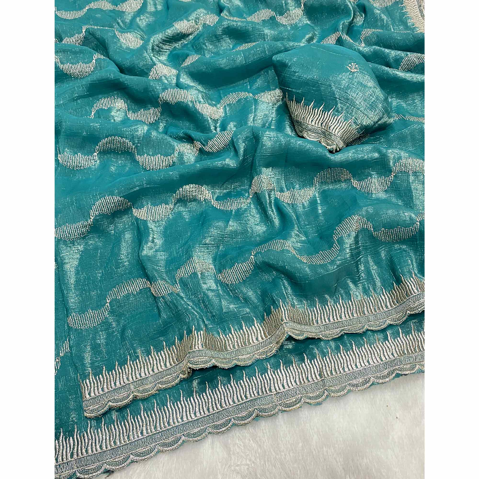Turquoise Crunchy Chiffon Silk Saree Delicate Thread Motifs Ethnic Elegance