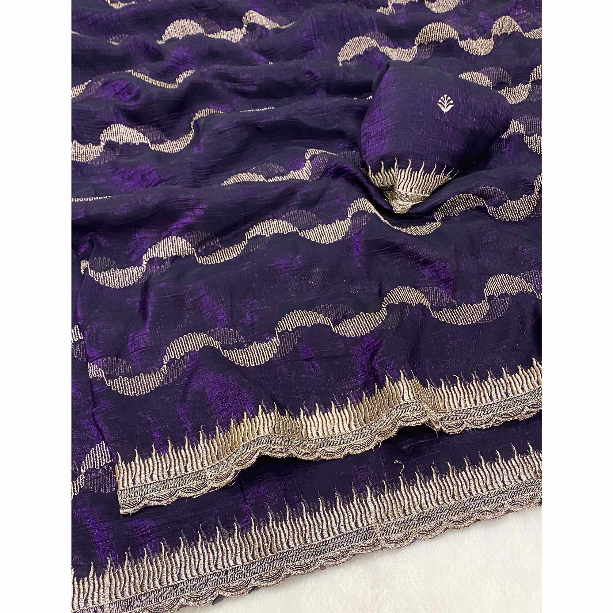 Violet Crunchy Chiffon Silk Saree Delicate Thread Motifs Ethnic Elegance