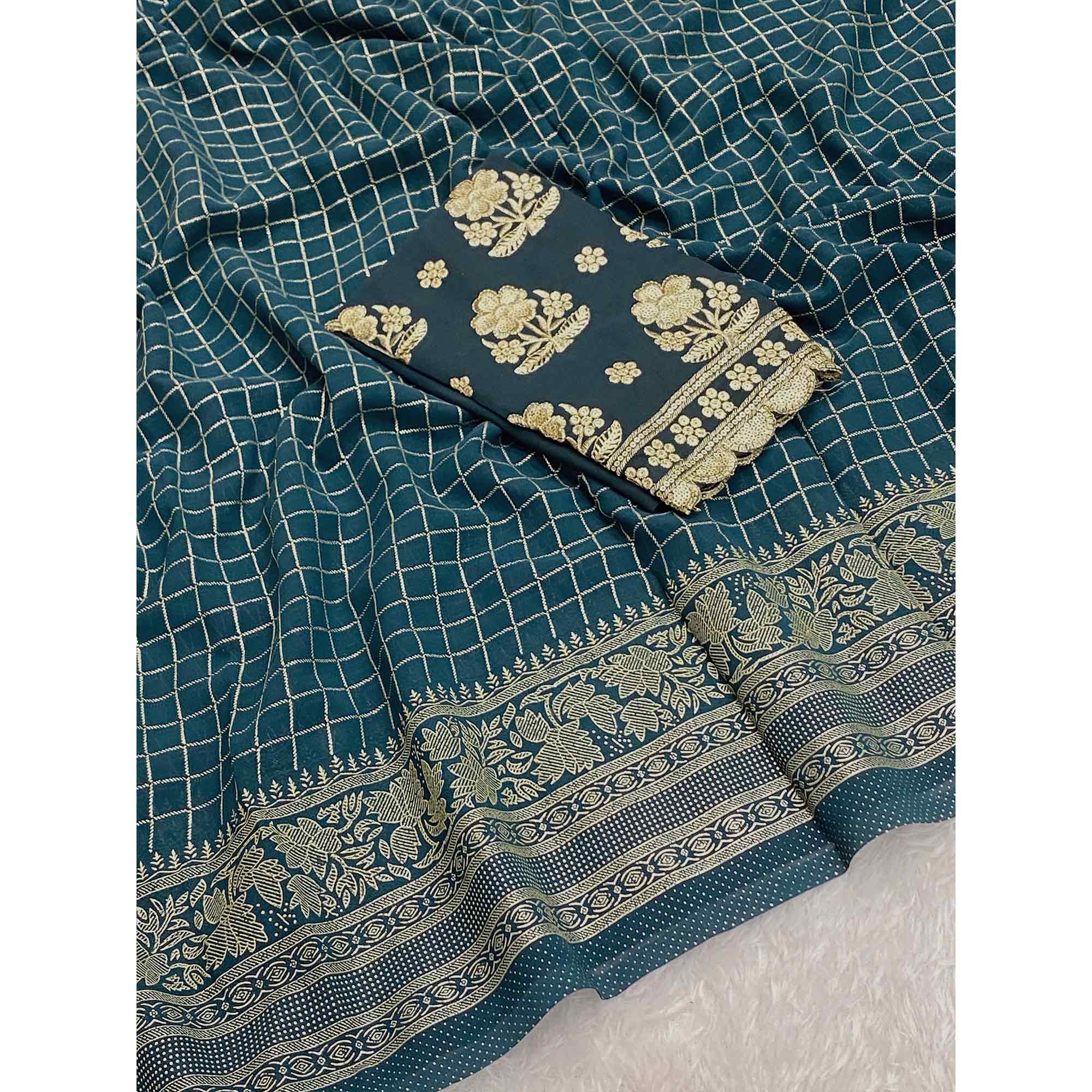 Dark Teal Blue Georgette Saree with Elegant Foil Printed Checkered Pattern