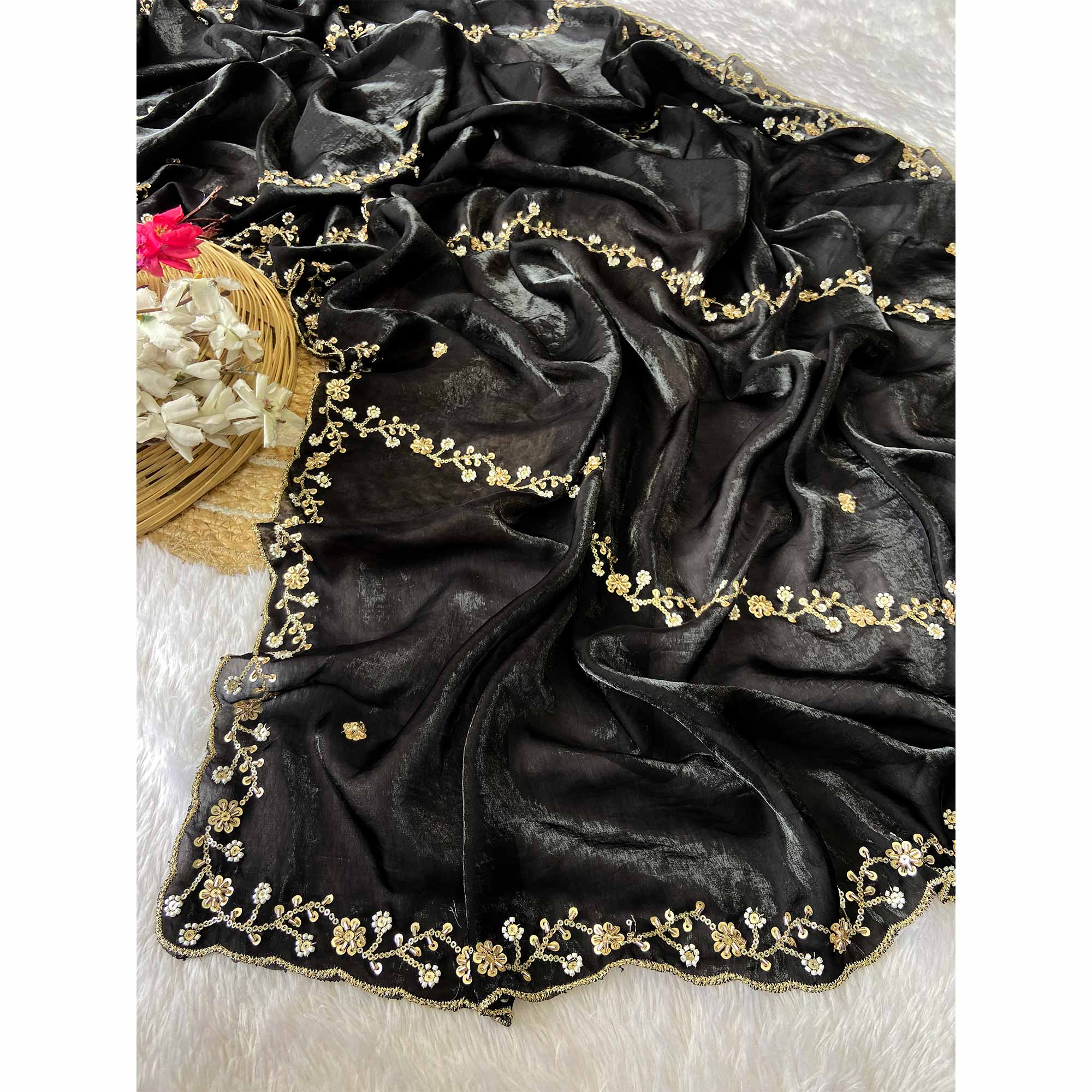Black Satin Saree Embellished With Beads and Sequins Embroidery Work