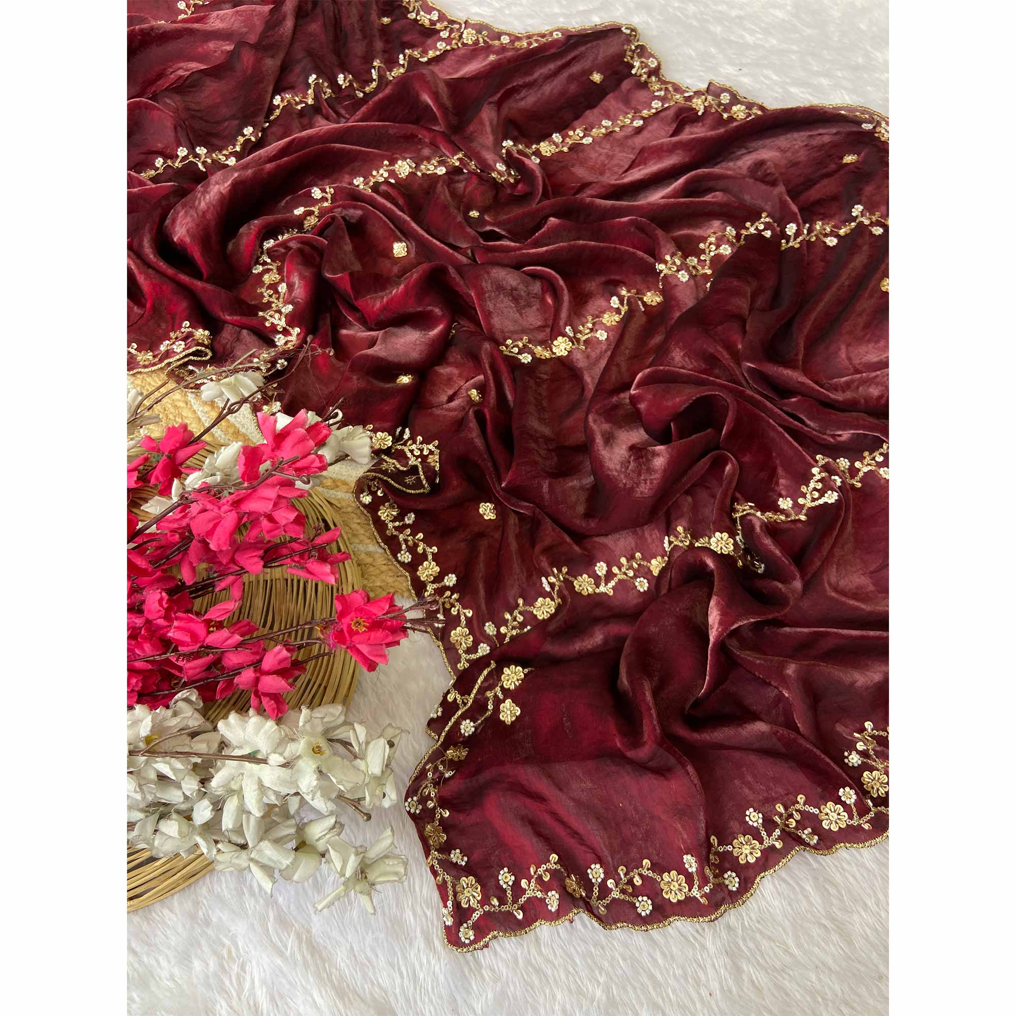 Maroon Satin Saree Embellished With Beads and Sequins Embroidery Work