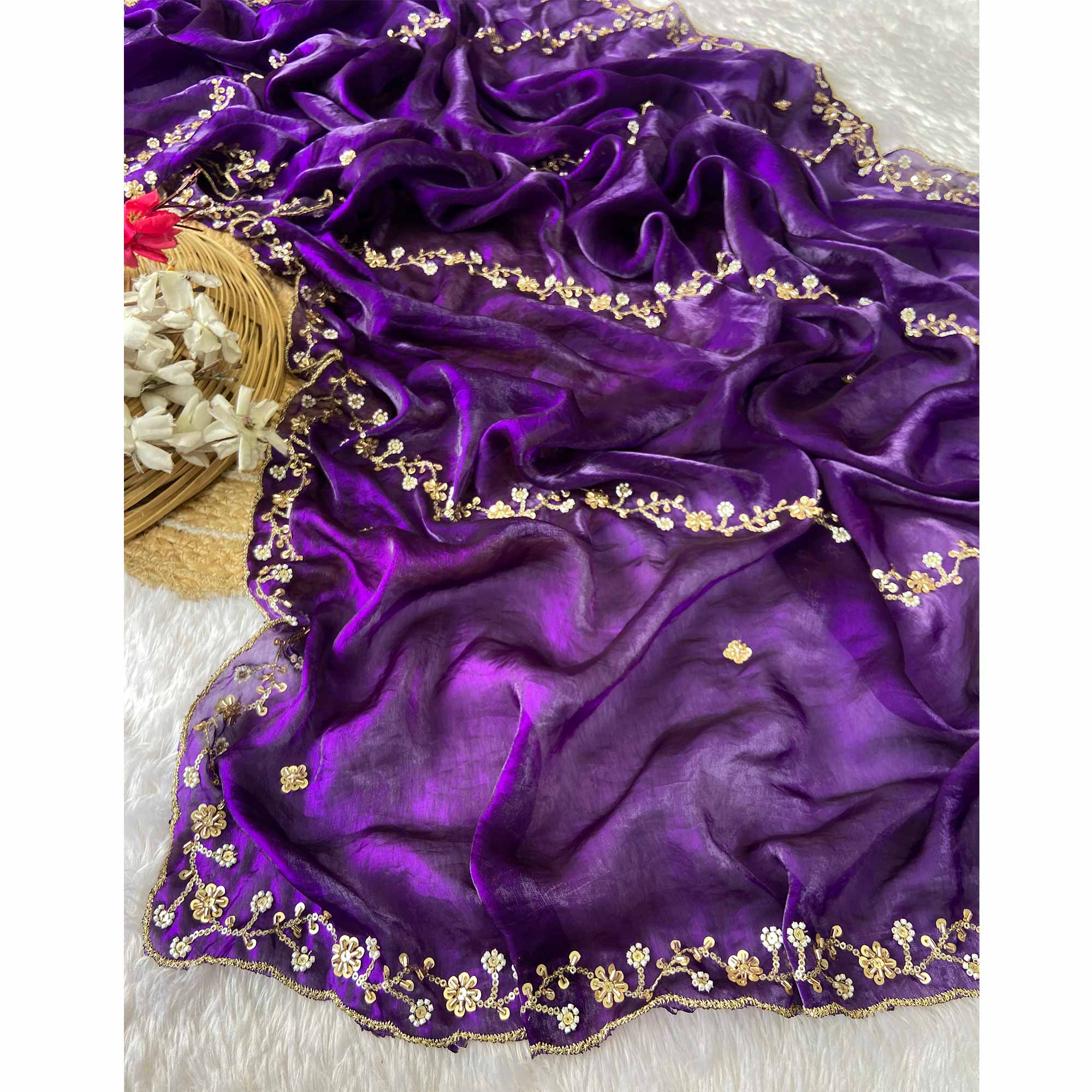 Purple Satin Saree Embellished With Beads and Sequins Embroidery Work