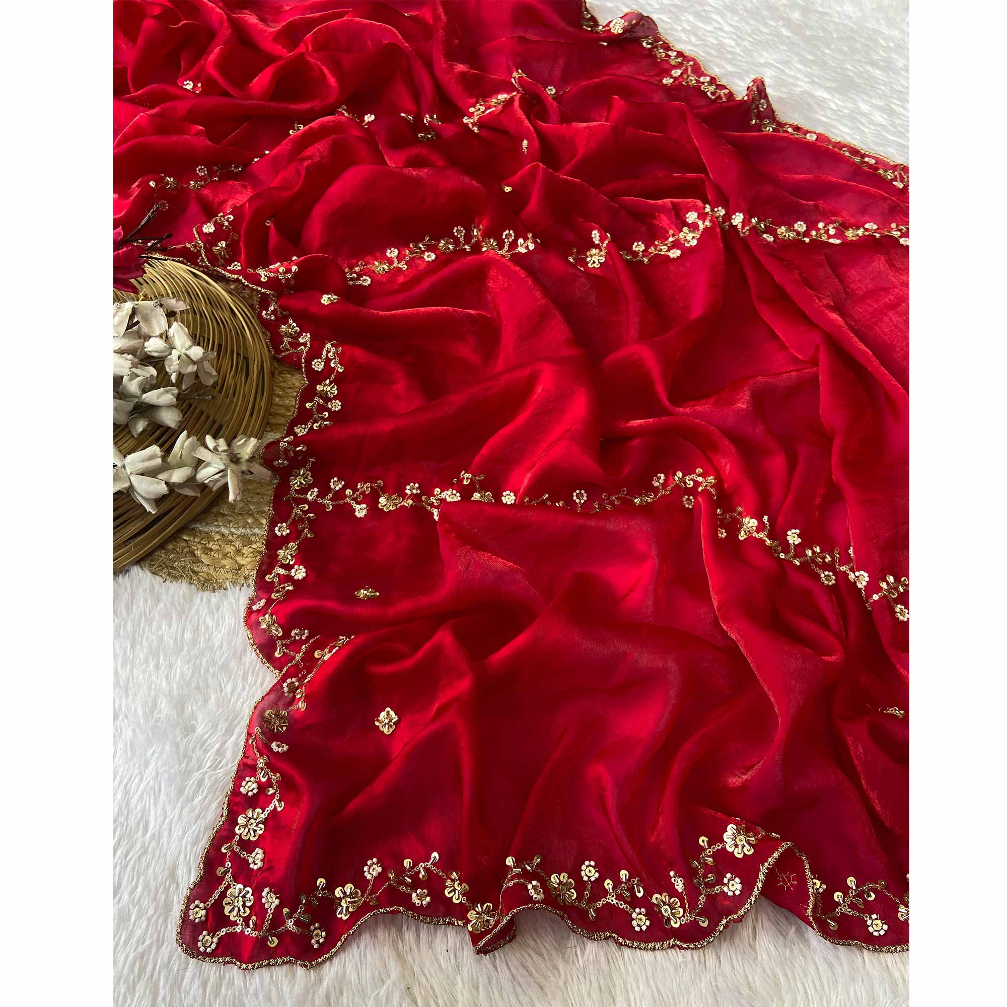 Red Satin Saree Embellished With Beads and Sequins Embroidery Work