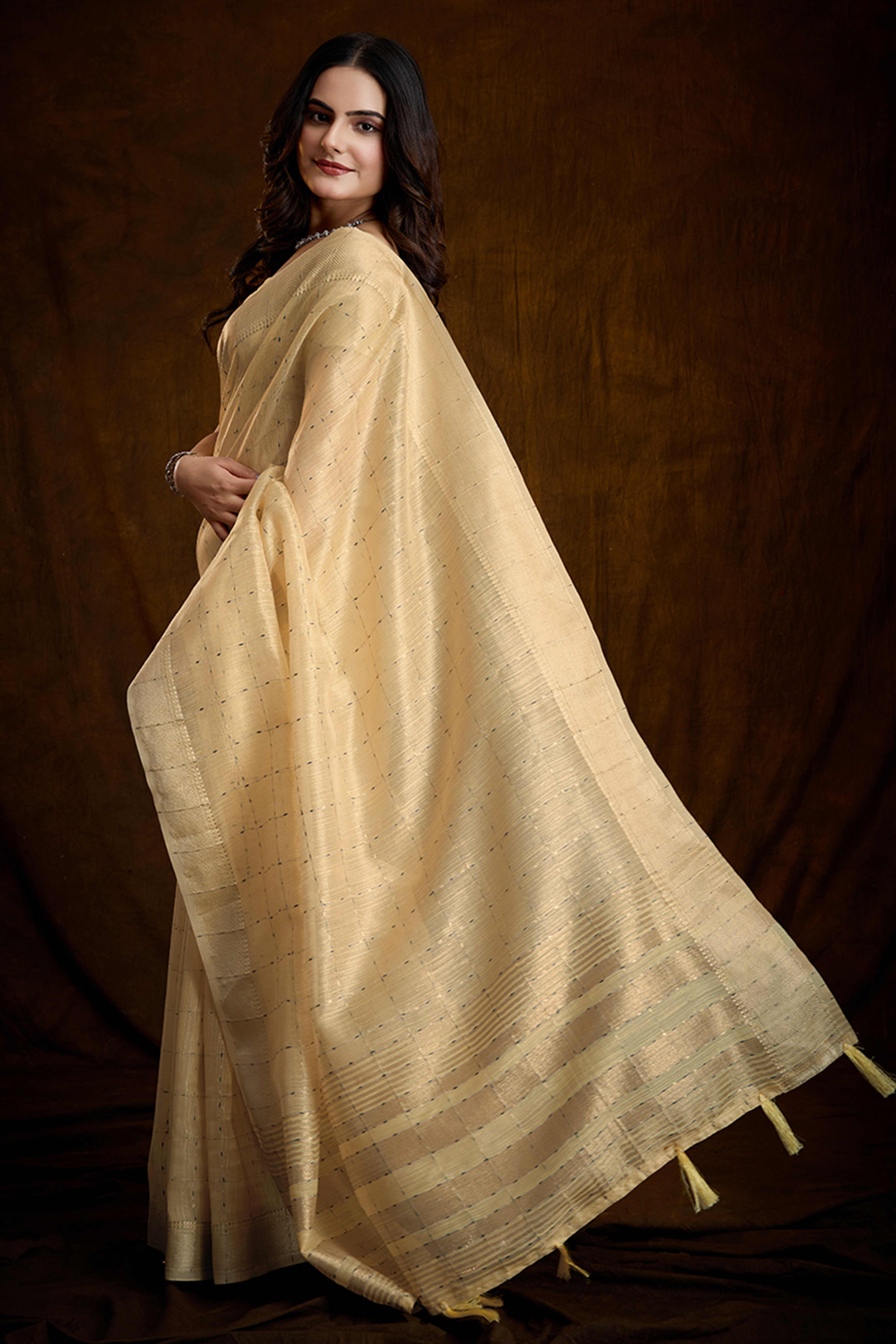 Yellow Cotton Silk Saree with Rich Zari Weaving in Checkered Style