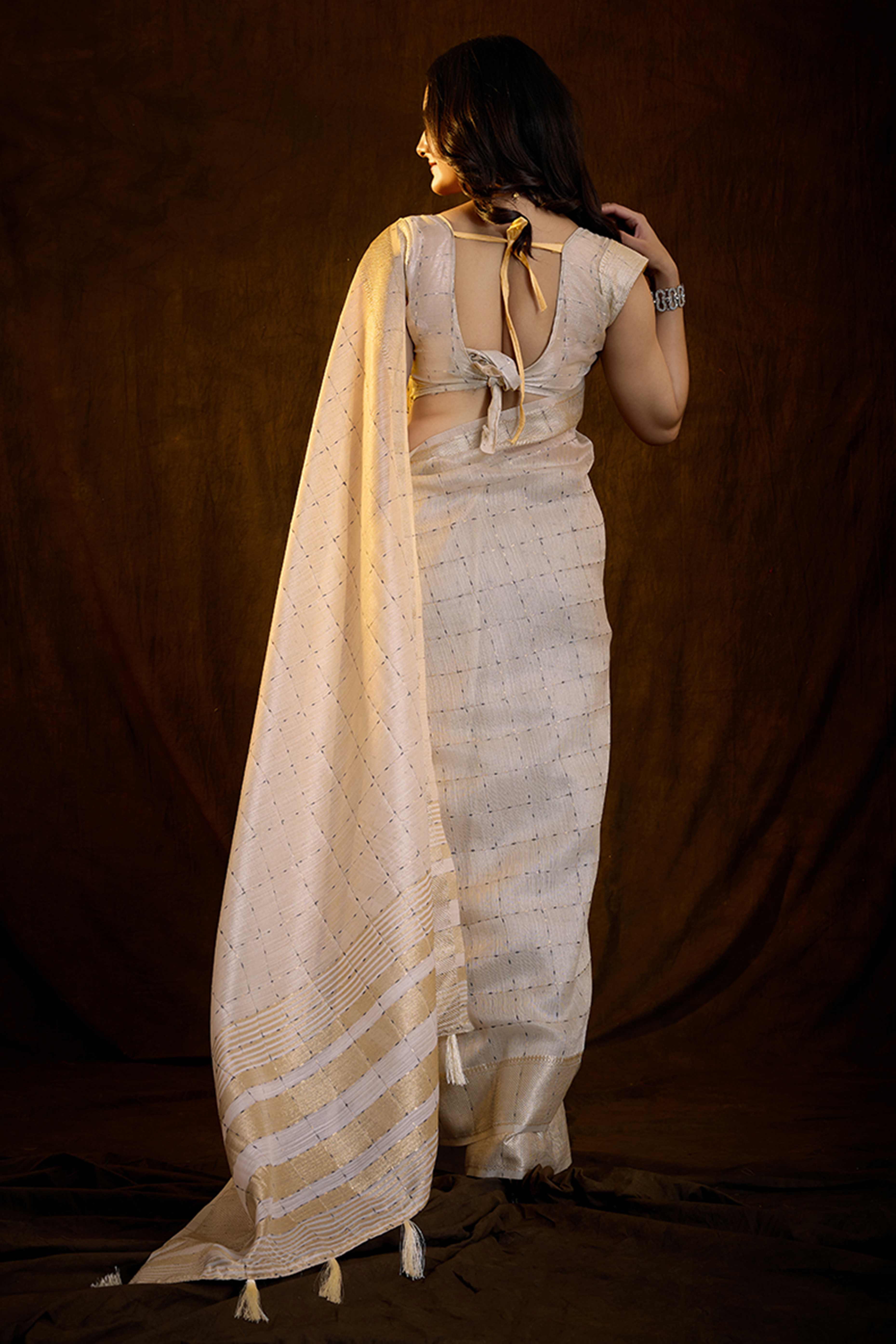 Beige Cotton Silk Saree with Rich Zari Weaving in Checkered Style