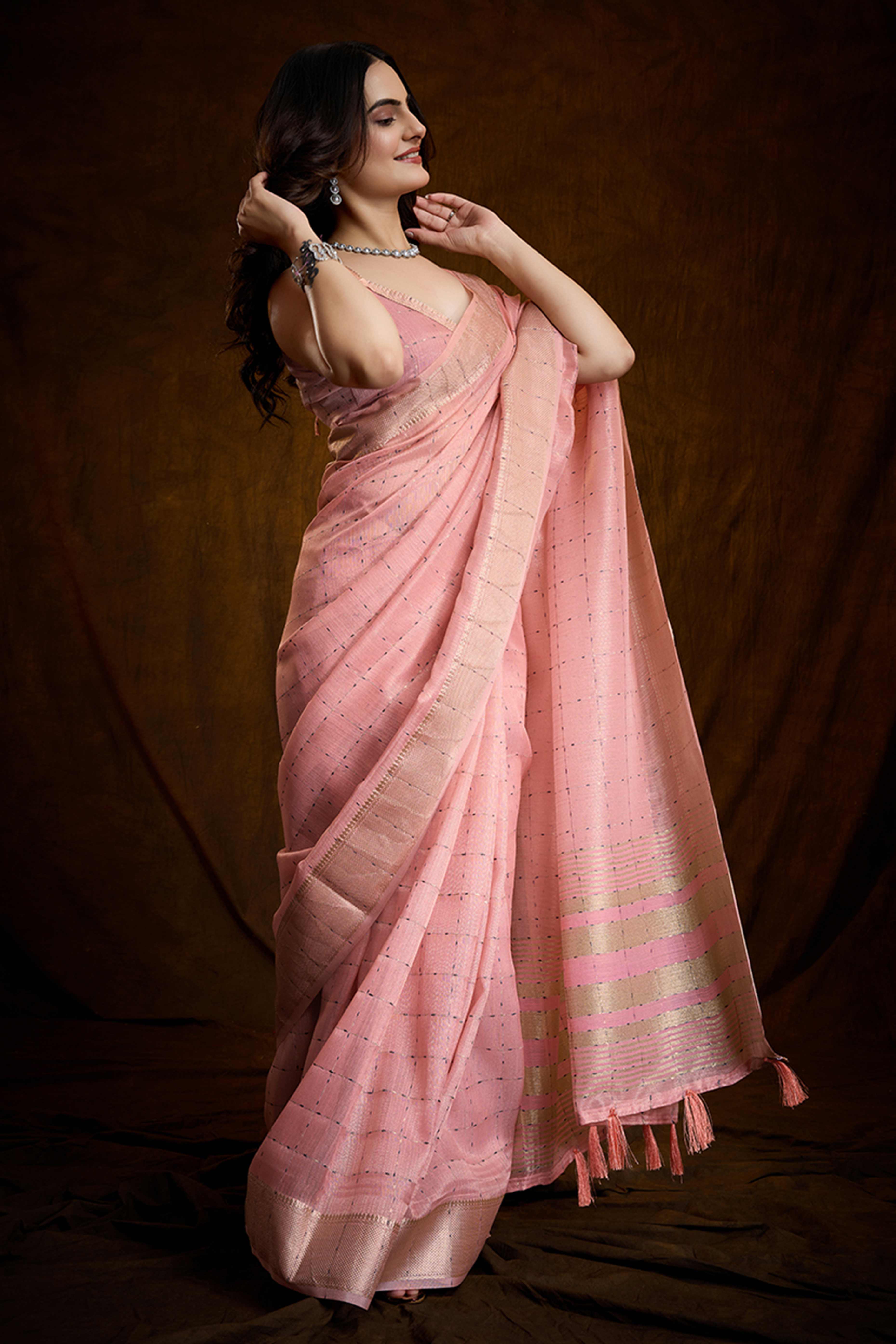 Blush Pink Cotton Silk Saree with Rich Zari Weaving in Checkered Style