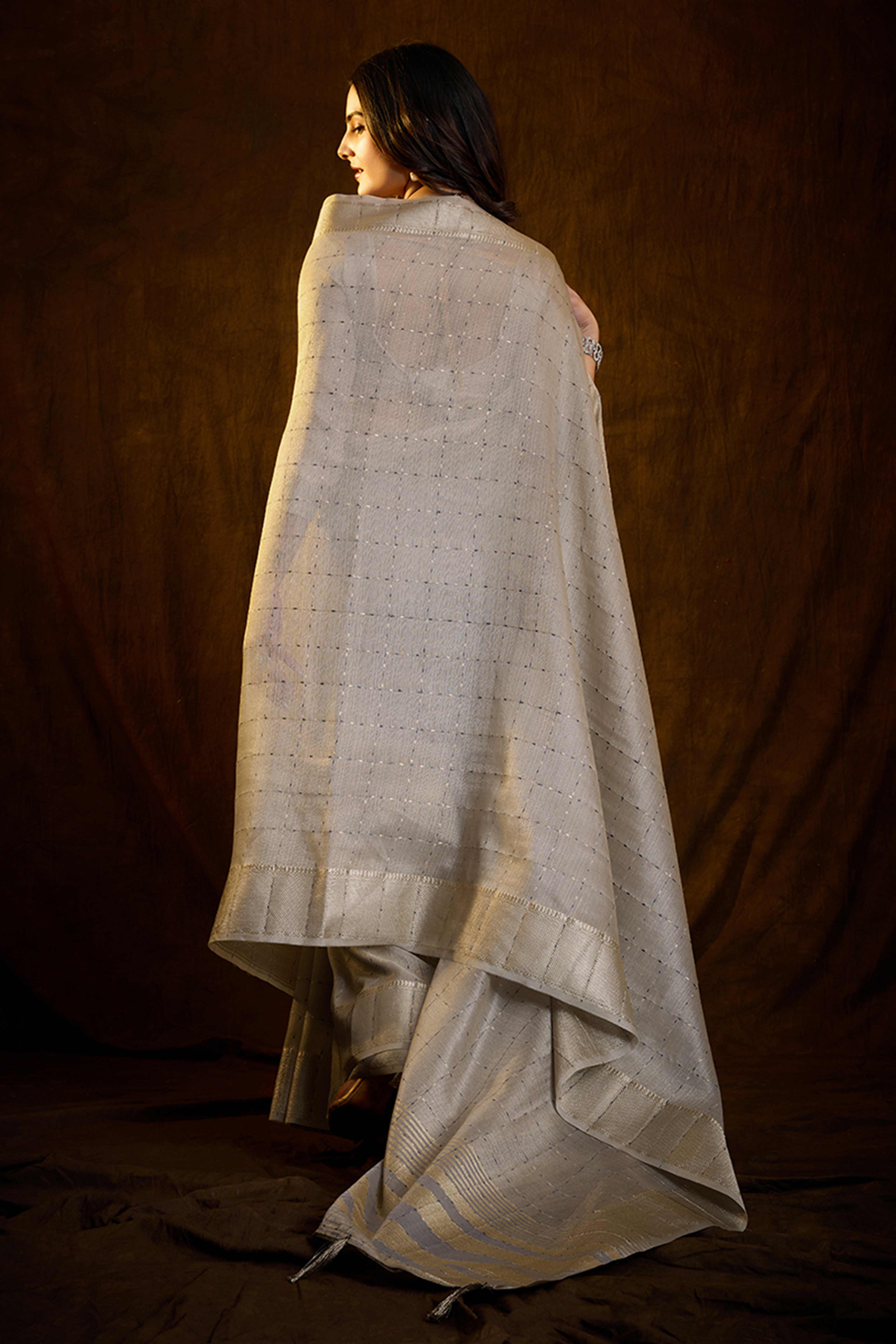 Grey Cotton Silk Saree with Rich Zari Weaving in Checkered Style