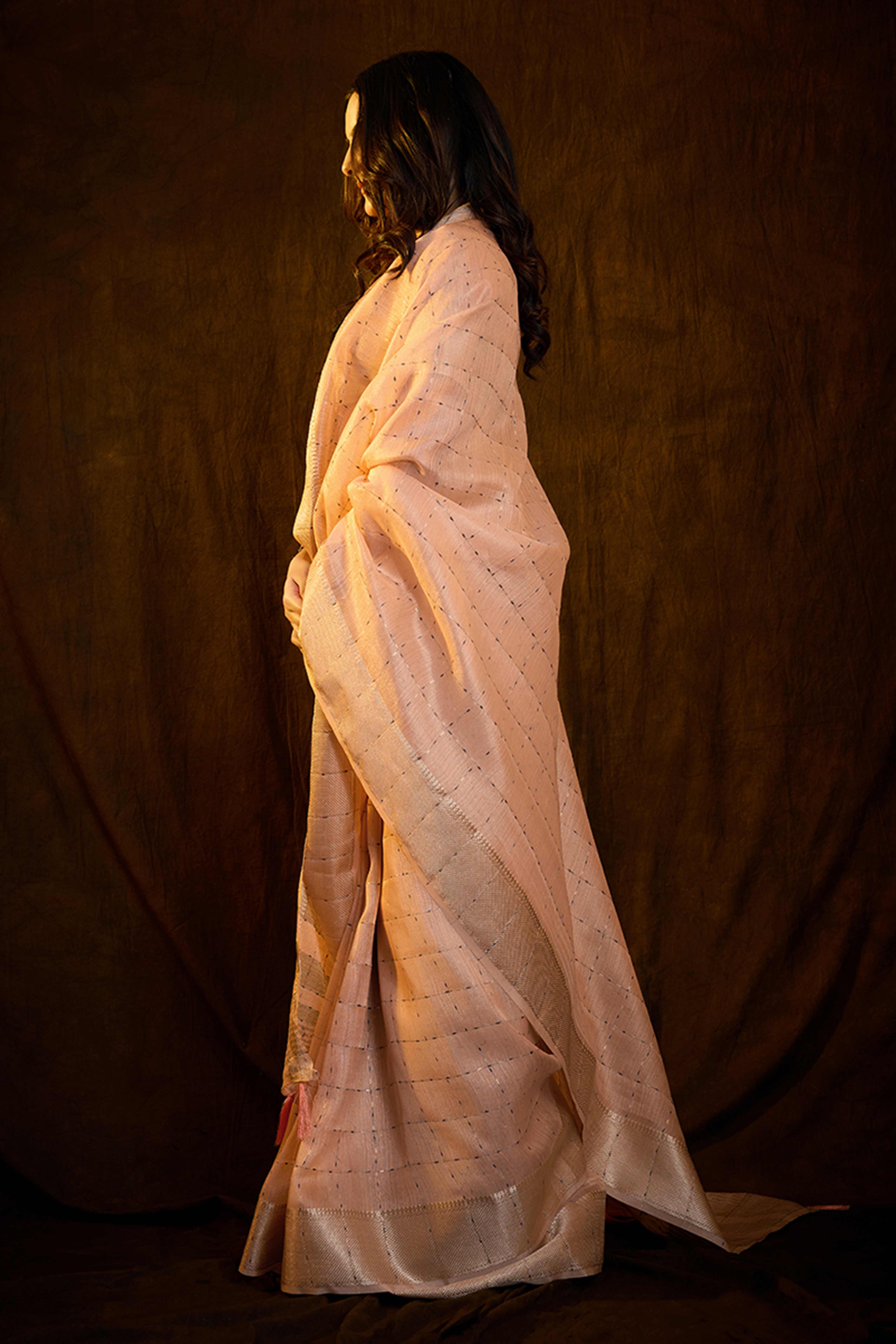 Pastel Peach Cotton Silk Saree with Rich Zari Weaving in Checkered Style