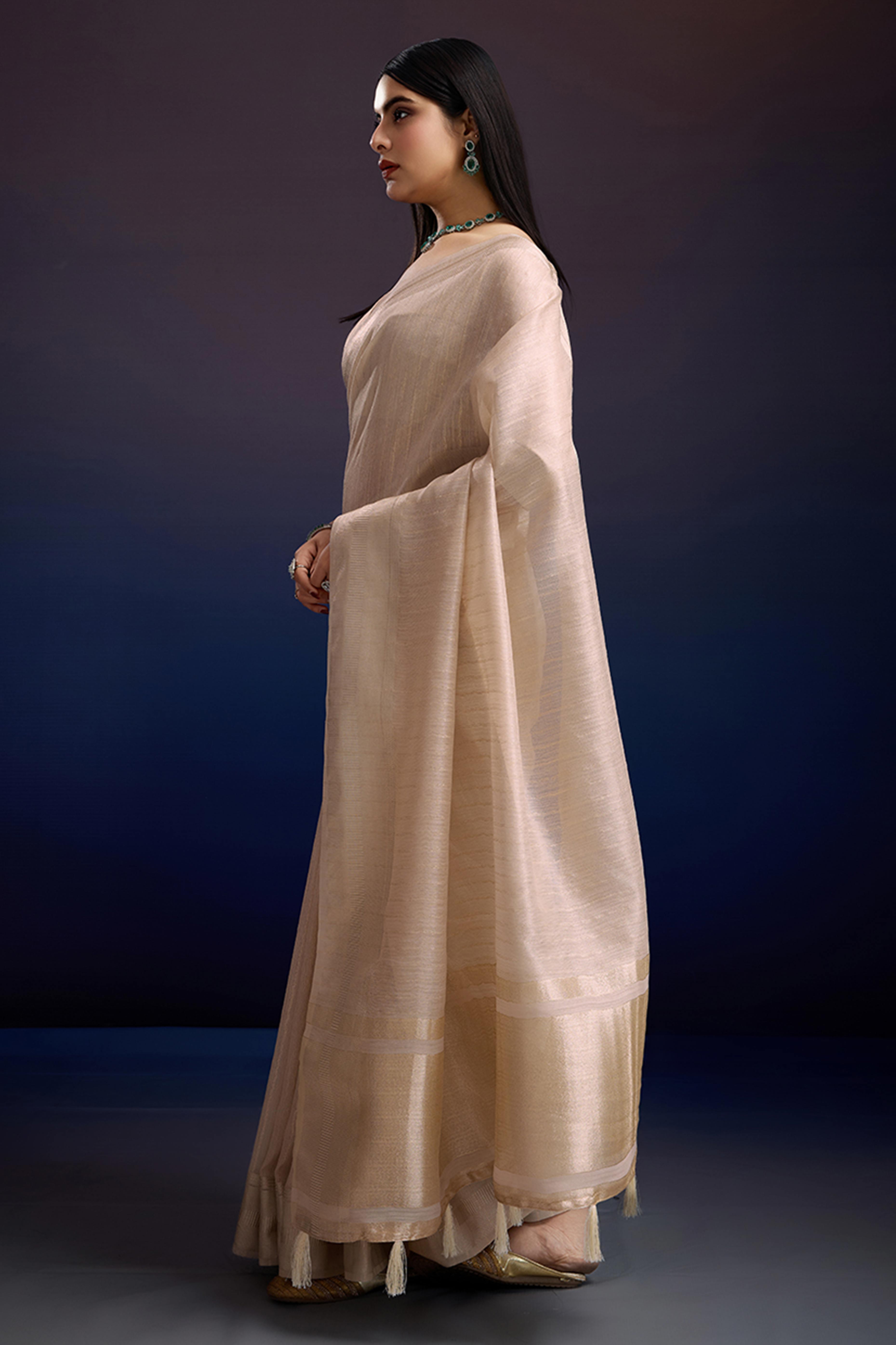 Festive Wear Beige Zari Woven Saree in Pure Linen Fabric