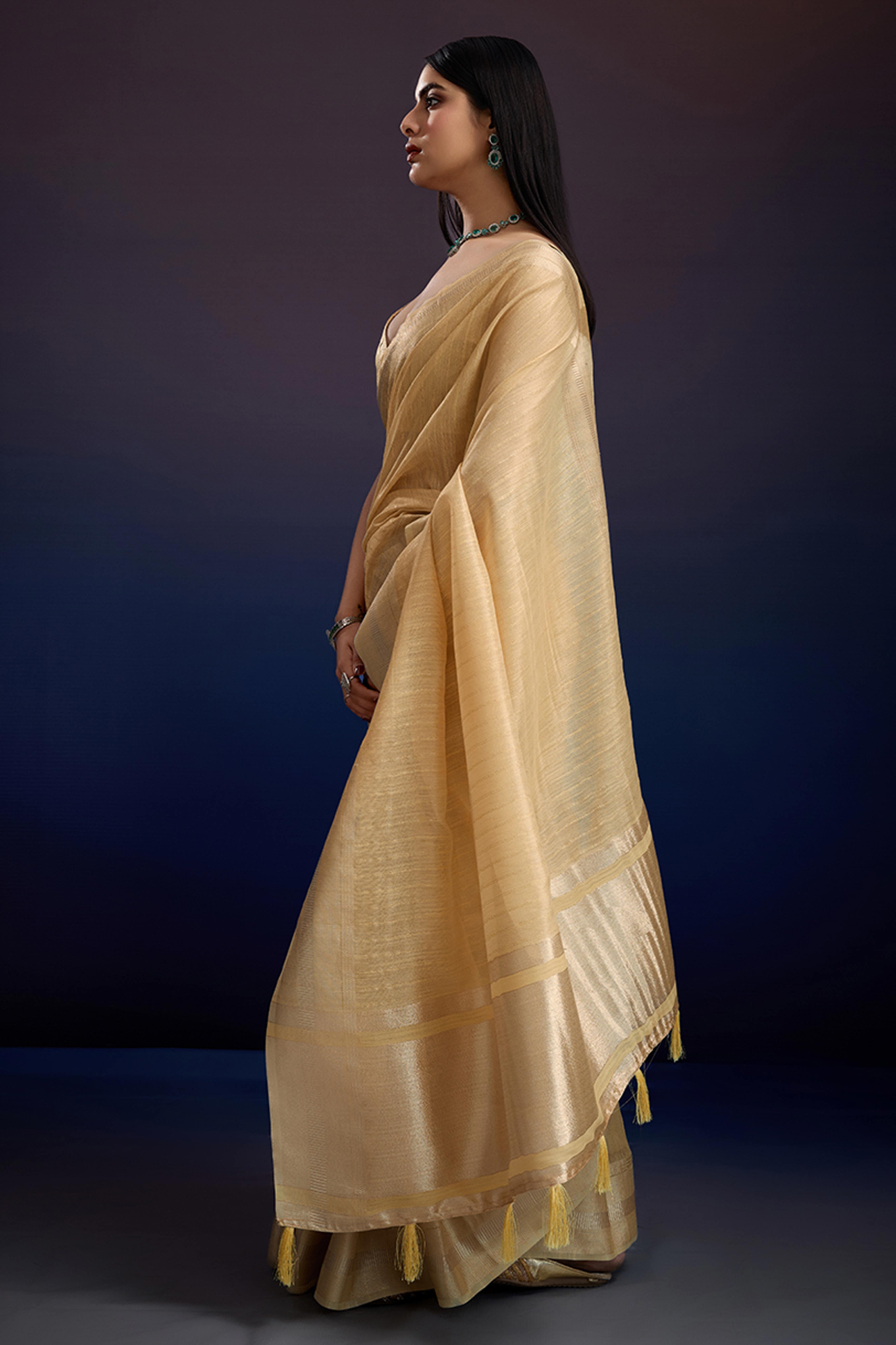 Festive Wear Yellow Zari Woven Saree in Pure Linen Fabric
